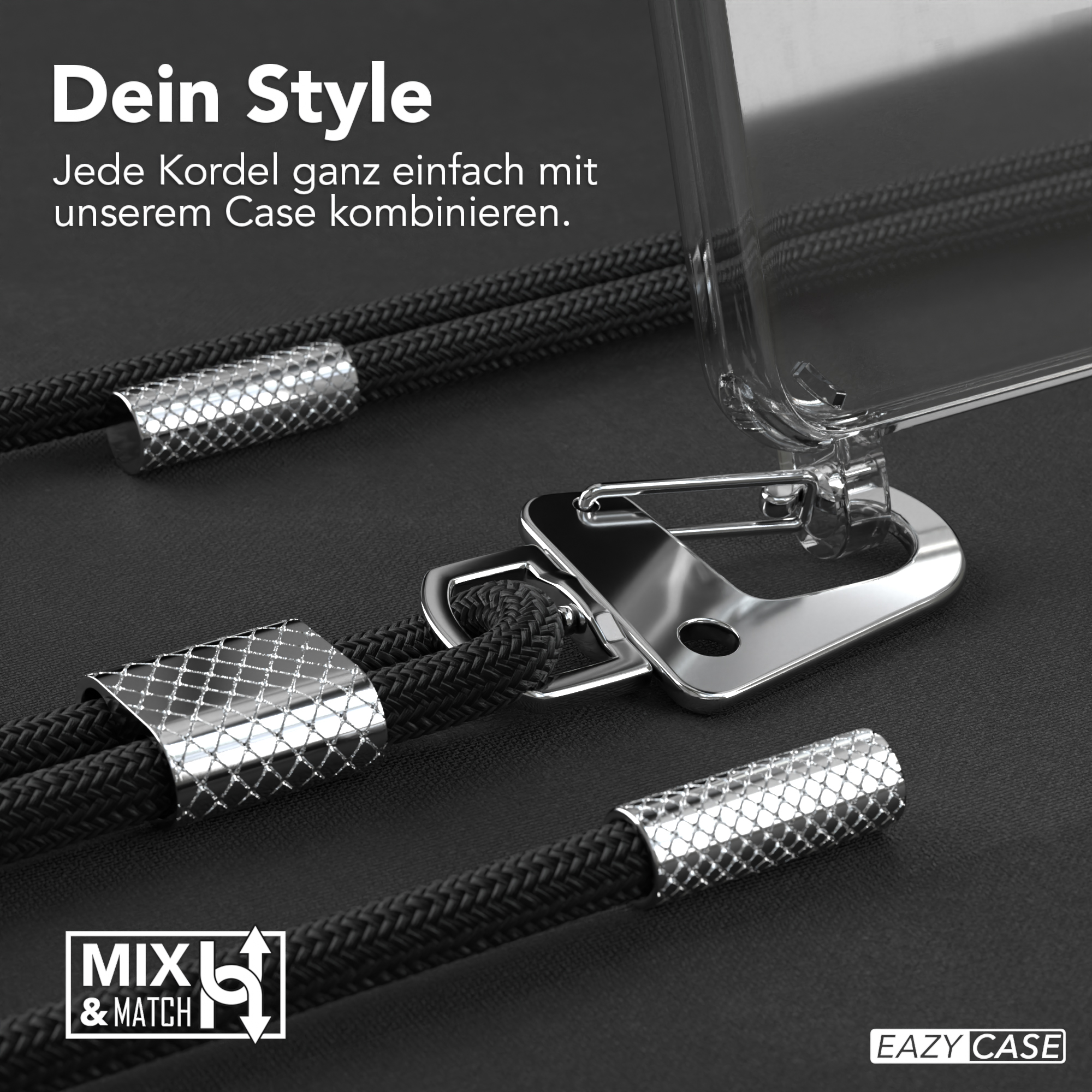 Schwarze Kordel mit silbernen Akzenten und silbernem Verschluss an einer transparenten Handyhülle.