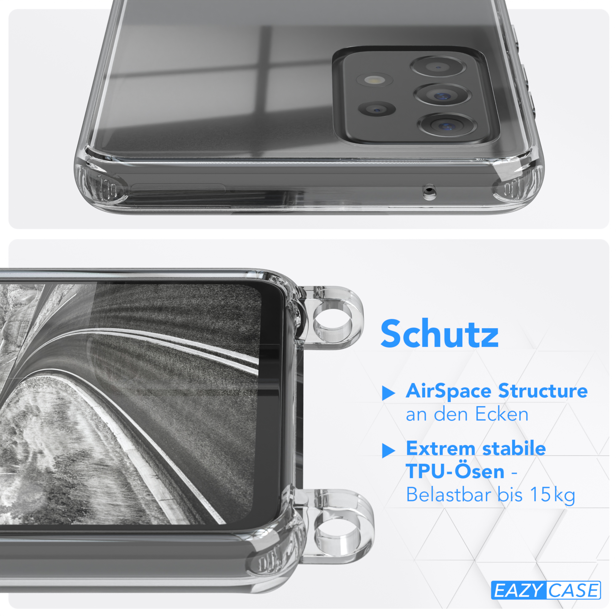 Transparente Handyhülle, Nahaufnahme der Kanten. Text über Luftraum und TPU-Material.