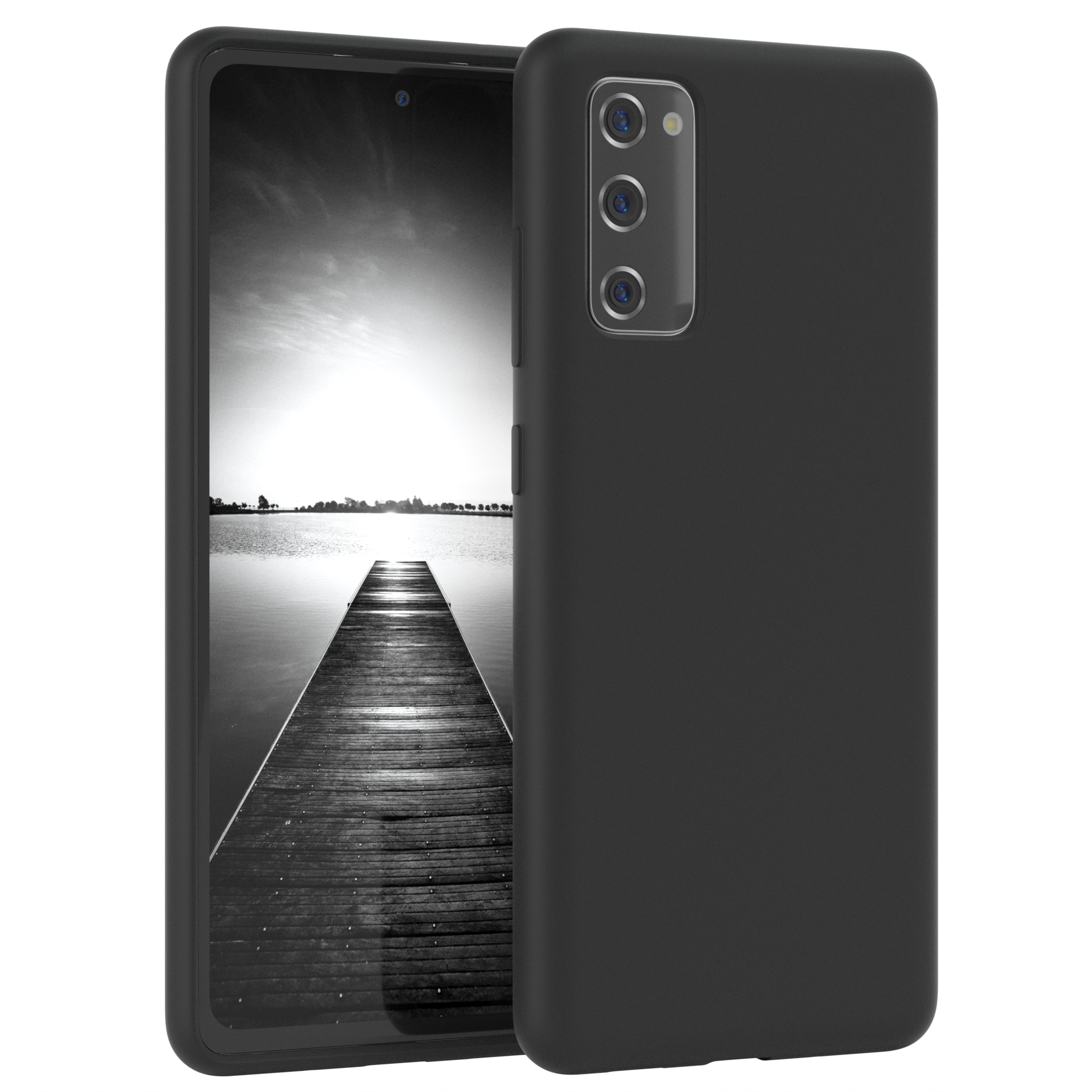 Schwarze Handyhülle mit einem Telefon, das ein Schwarz-Weiß-Foto eines Stegs über Wasser zeigt.
