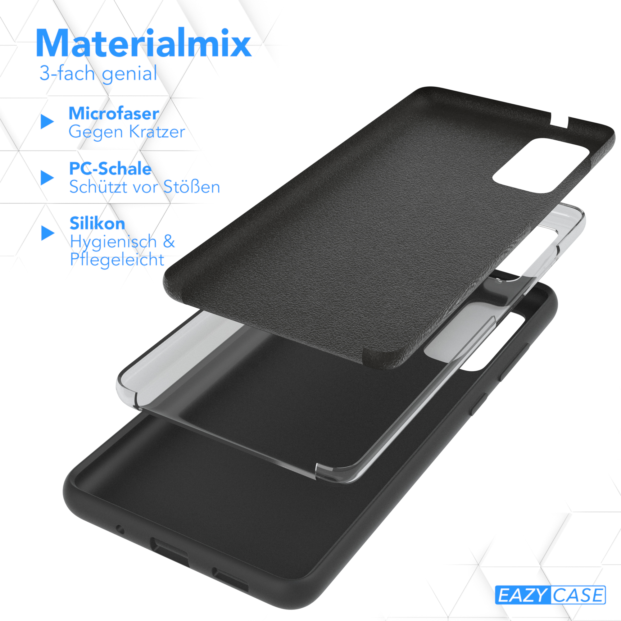Zerlegte schwarze Handyhülle, zeigt Mikrofaser-, PC-Schale und Silikonschichten.