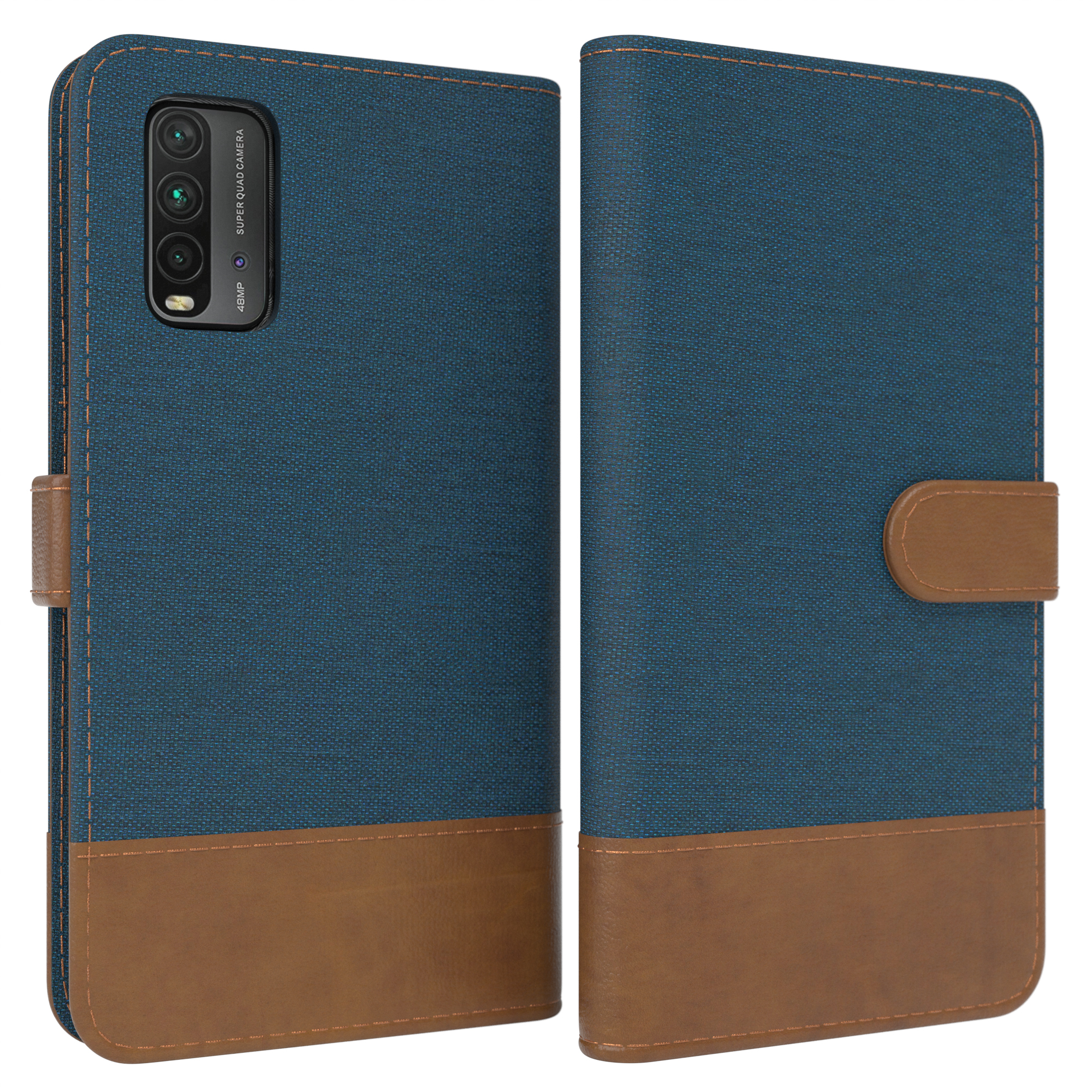 Blau-braune Handyhülle mit einem Telefon darin. Die Hülle ist geschlossen.