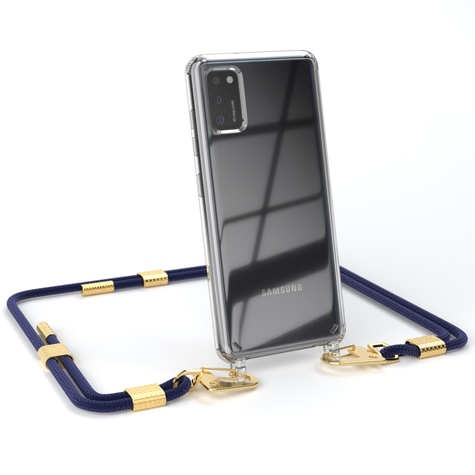 Handyhülle mit A41, Samsung, / Galaxy Umhängetasche, Transparente Kordel runder Nachtblau + Gold EAZY Karabiner, CASE