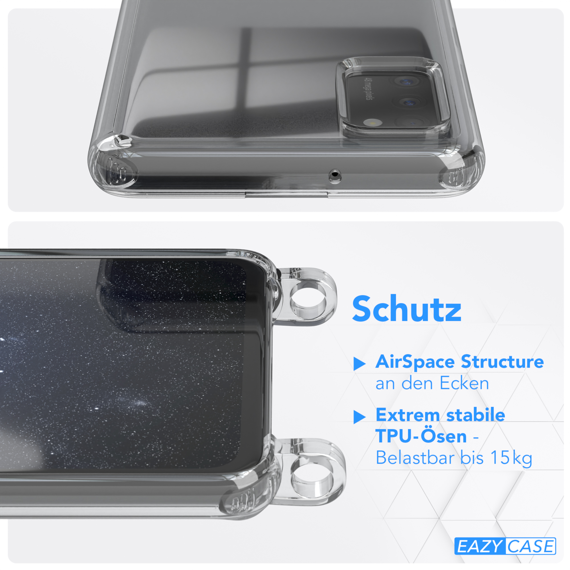 EAZY CASE Transparente Handyhülle mit Umhängetasche, Kordel Karabiner, Samsung, Gold A41, Galaxy runder / + Nachtblau