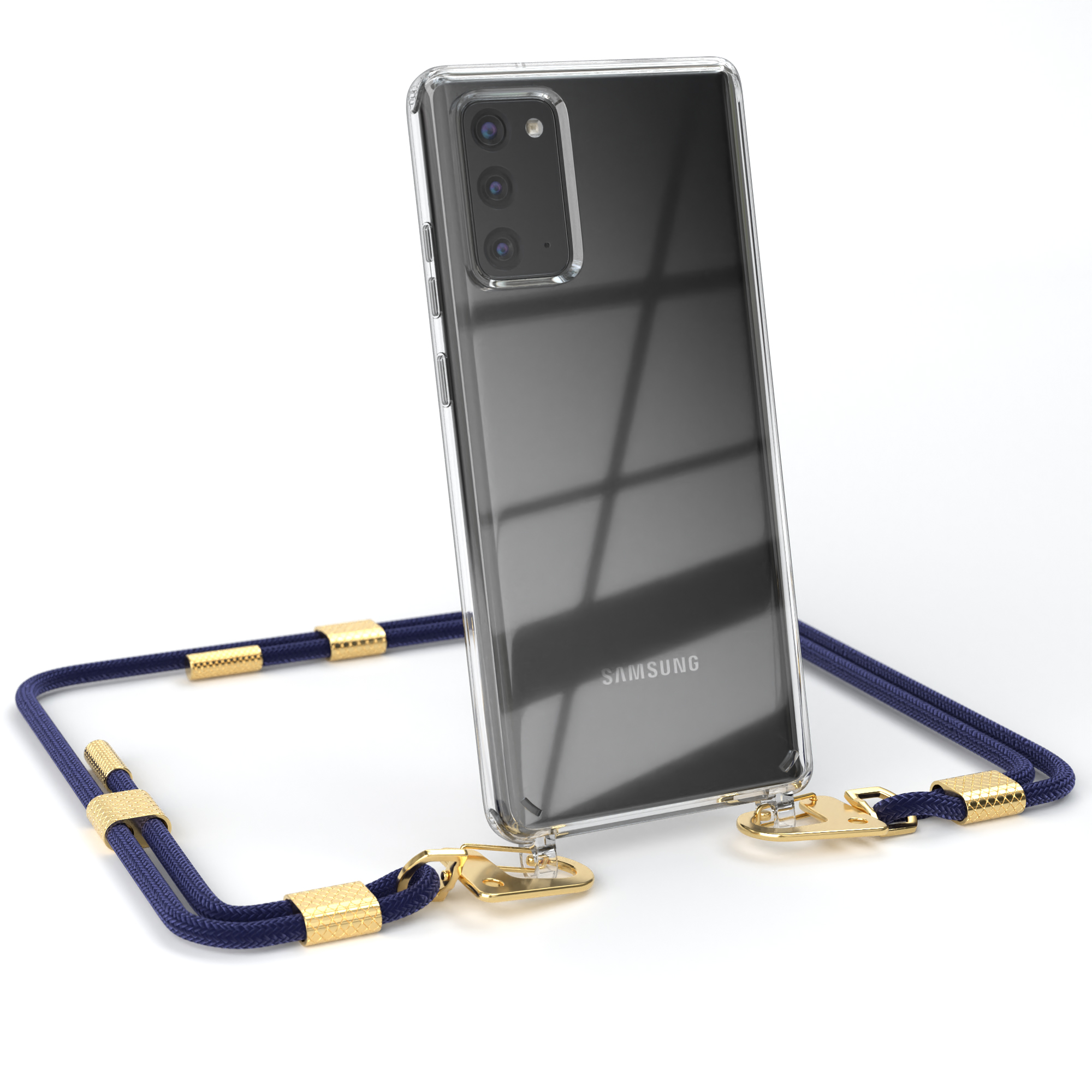 Transparente Handyhülle mit blauem Umhängeband. Goldene Akzente. Samsung Telefon sichtbar.