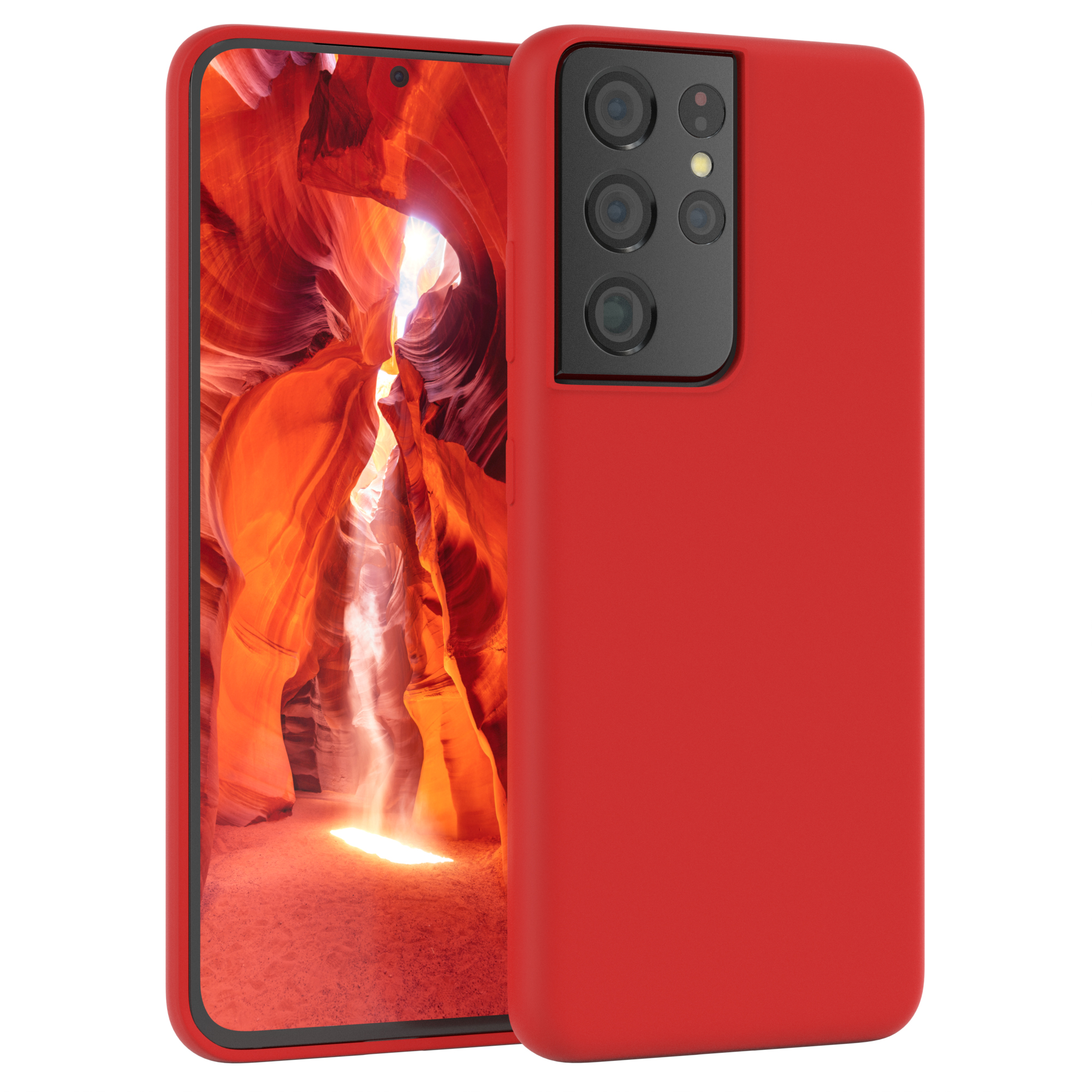Rote Handyhülle mit mehreren Kameras. Das Telefon befindet sich auf einer weißen Oberfläche.