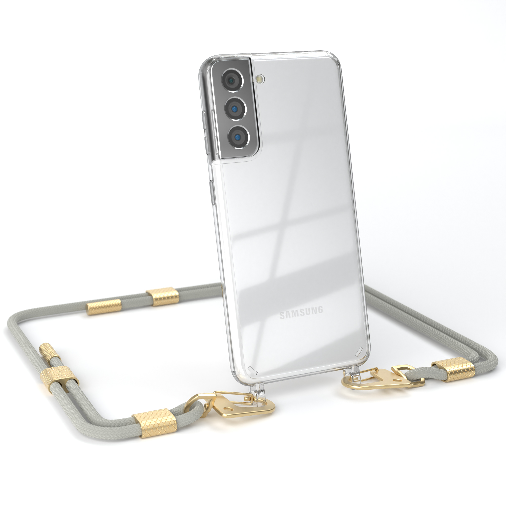 Transparente Handyhülle mit grauem Kabel. Samsung-Telefon steht auf weißer Oberfläche.