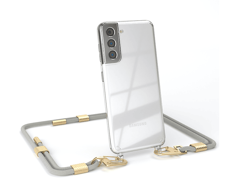 EAZY CASE Transparente Handyhülle mit runder Kordel + Karabiner, Umhängetasche, Samsung, Galaxy S21 5G, Taupe Beige / Matt Gold