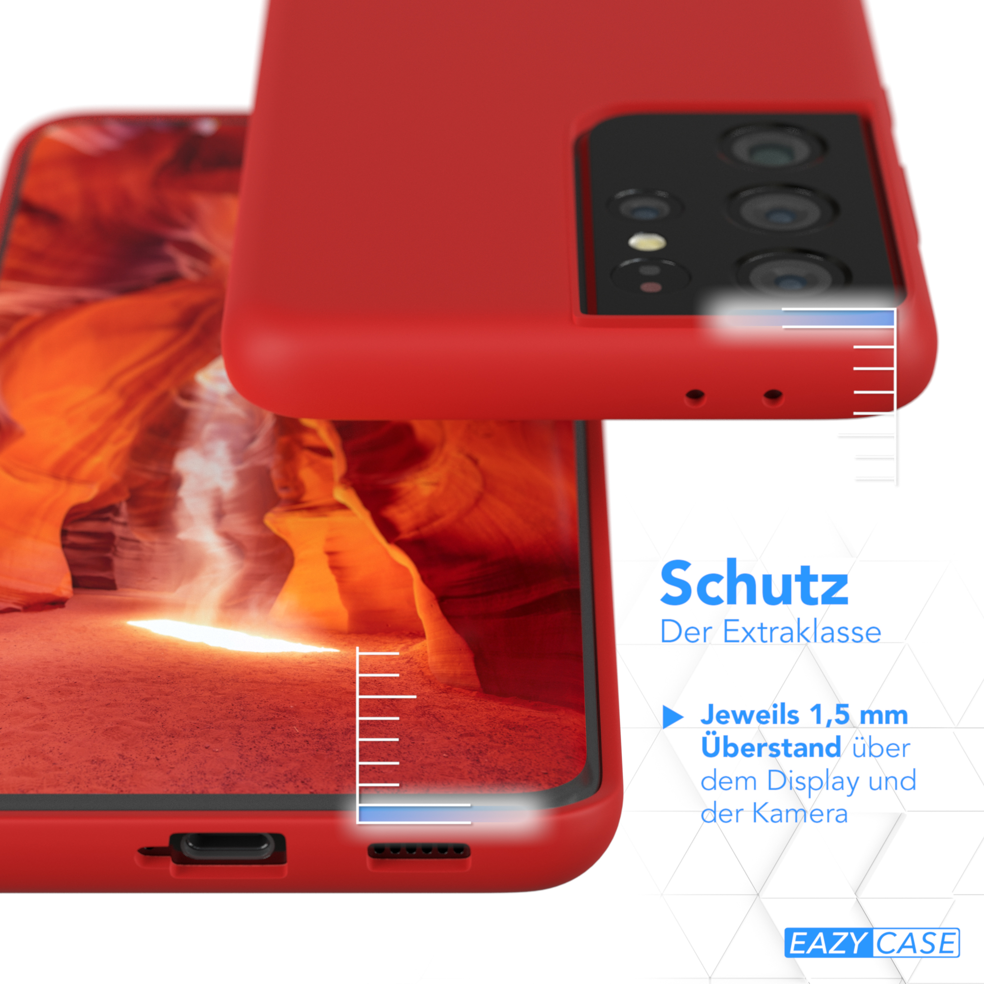 Eine rote Handyhülle, die ein Telefon schützt. Die Hülle hat einen erhöhten Rand um den Kamerabereich.