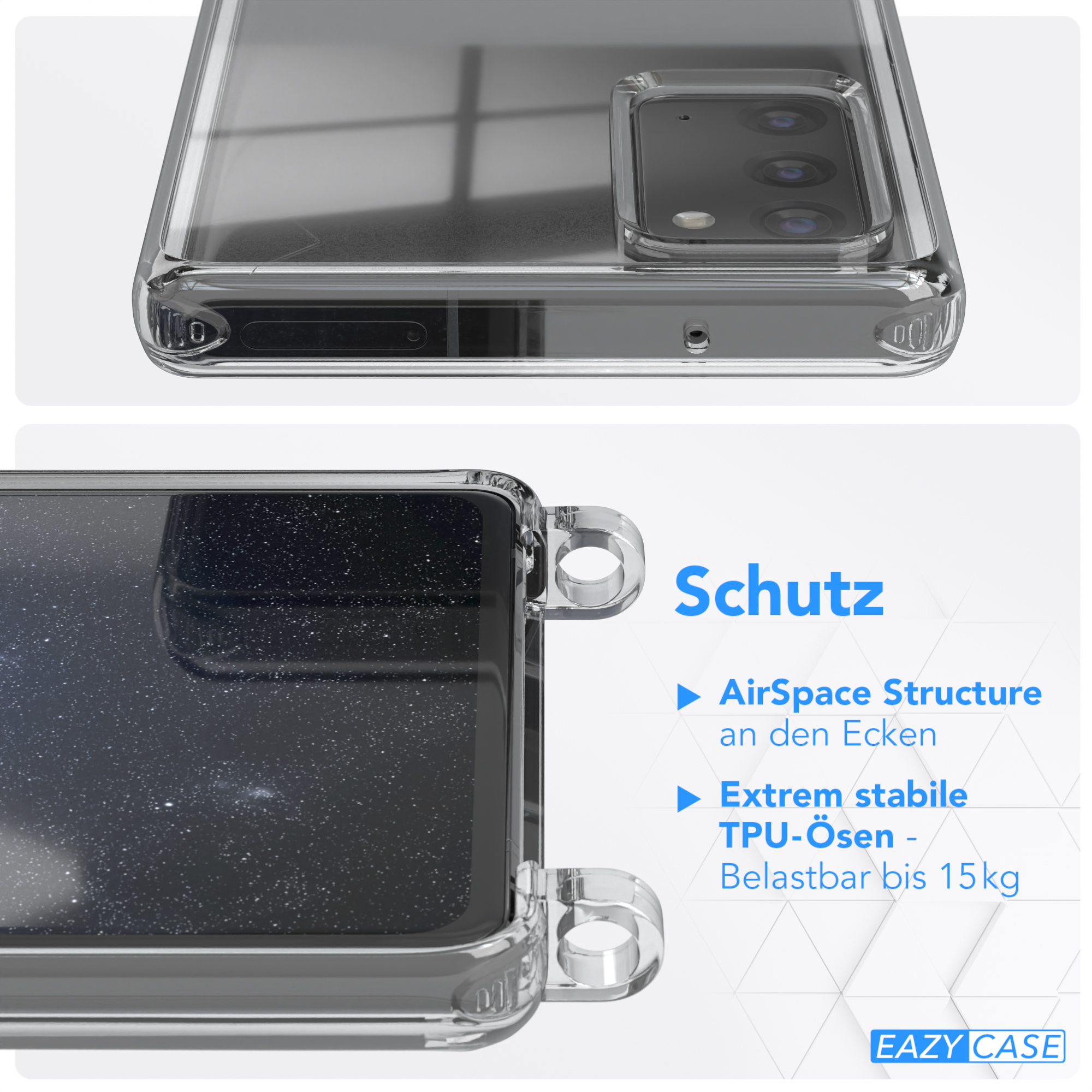 Transparente Handyhülle, Nahaufnahme mit Ecken und Öffnungen für das Telefon. Text beschreibt Schutzfunktionen.