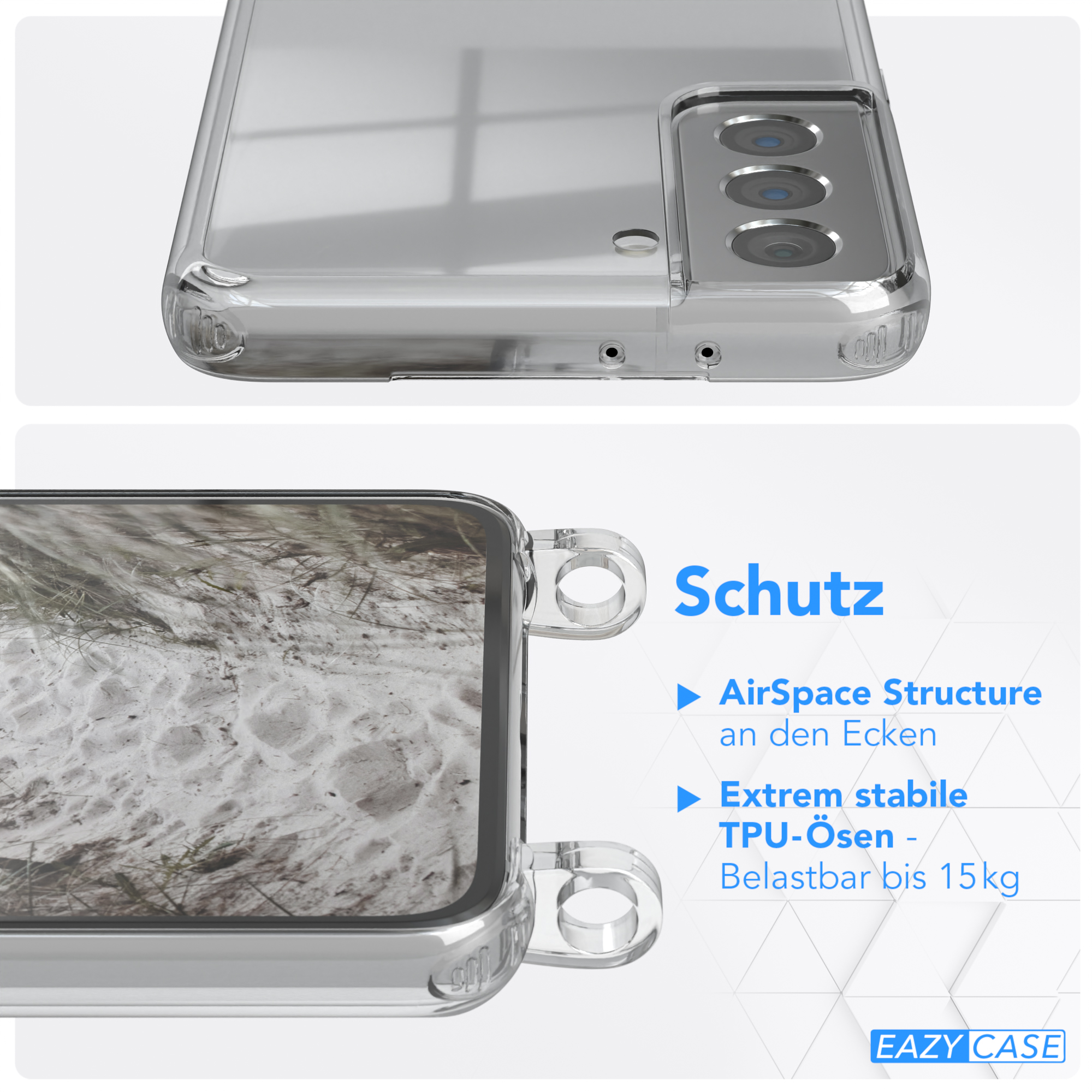 S21 runder EAZY Galaxy + CASE mit Taupe 5G, Transparente Kordel Beige Gold Matt Karabiner, Handyhülle / Umhängetasche, Samsung,