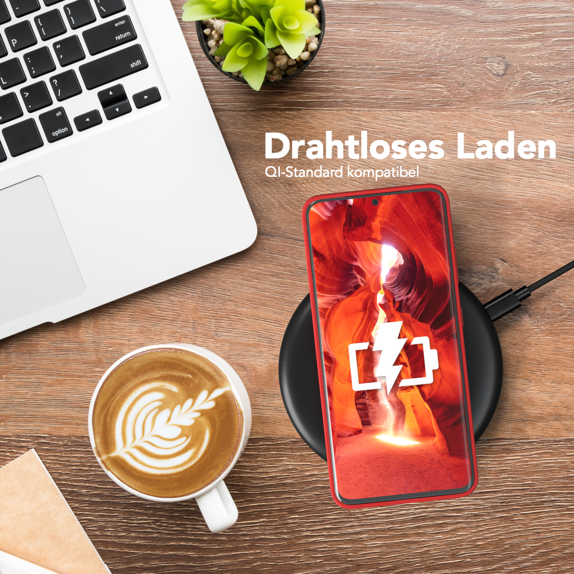 Telefon lädt kabellos, Kaffee, Laptop, Text: Drahtloses Laden.