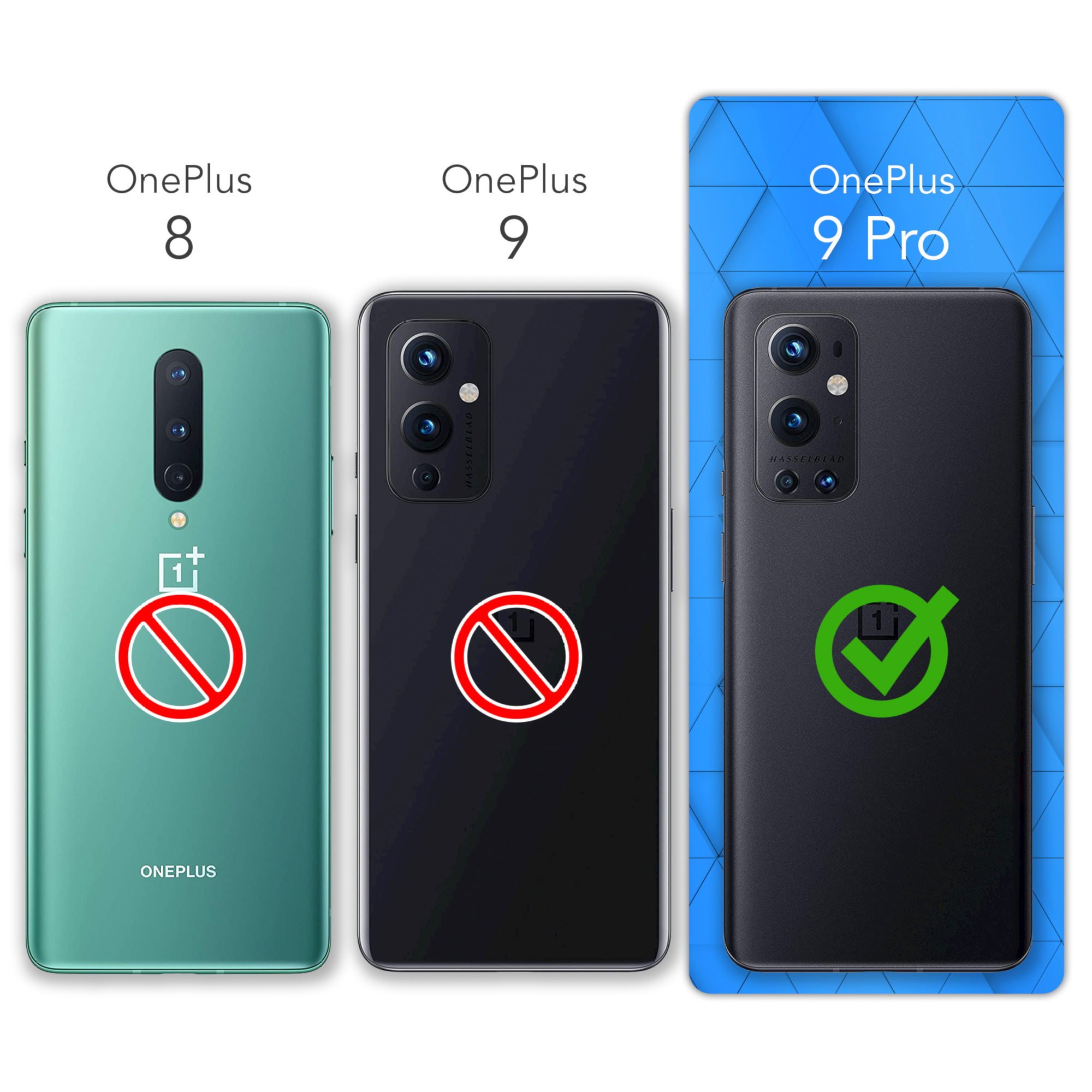 Vergleich von drei OnePlus-Telefonen. Text: OnePlus 8, 9 und 9 Pro.