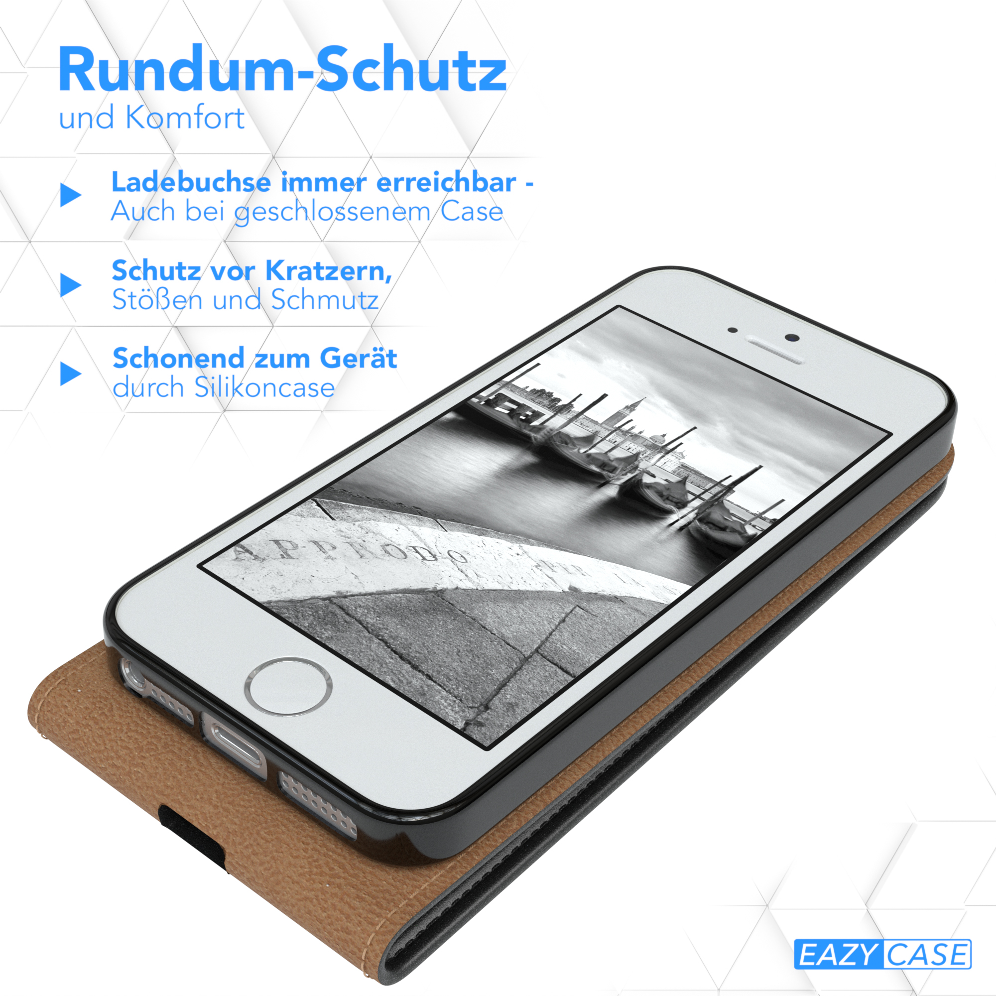 Ein Telefon in einer braunen Hülle, das den Telefonbildschirm mit einem Schwarz-Weiß-Bild zeigt.