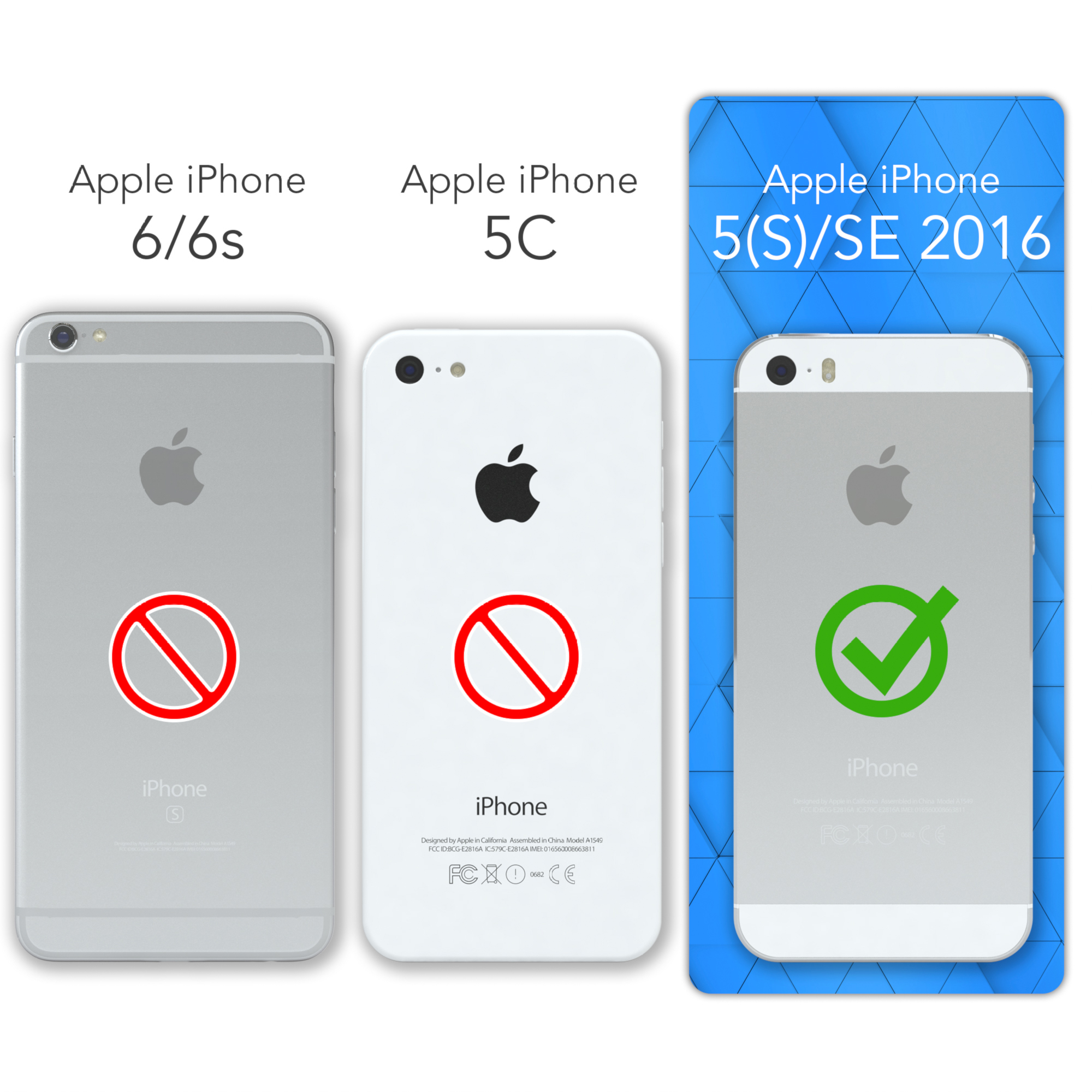 Drei iPhones: 6/6s, 5C und 5(S)/SE 2016. Nur das letzte hat ein grünes Häkchen. Die anderen haben rote X's.