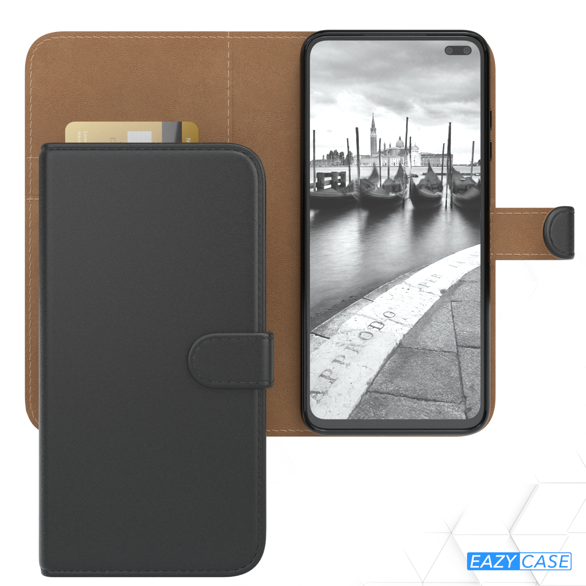 Schwarzes Handycase mit braunem Portemonnaie, das ein Schwarz-Weiß-Bild von Gondeln zeigt.