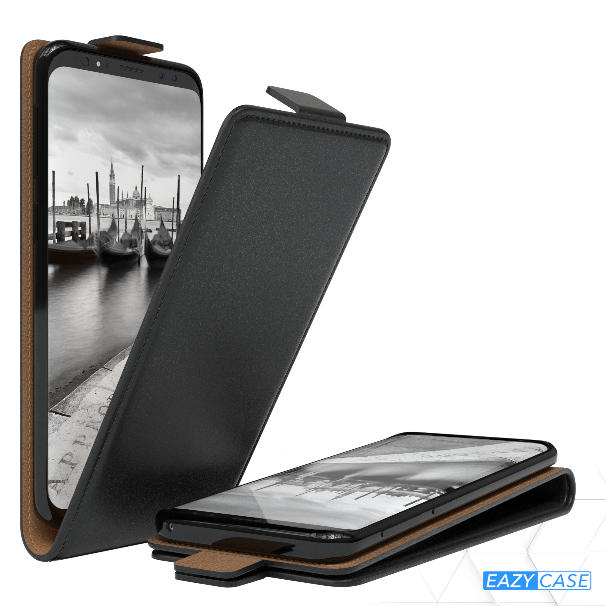 Geöffnete schwarze Handyhülle mit Telefon mit Venedig-Szene.