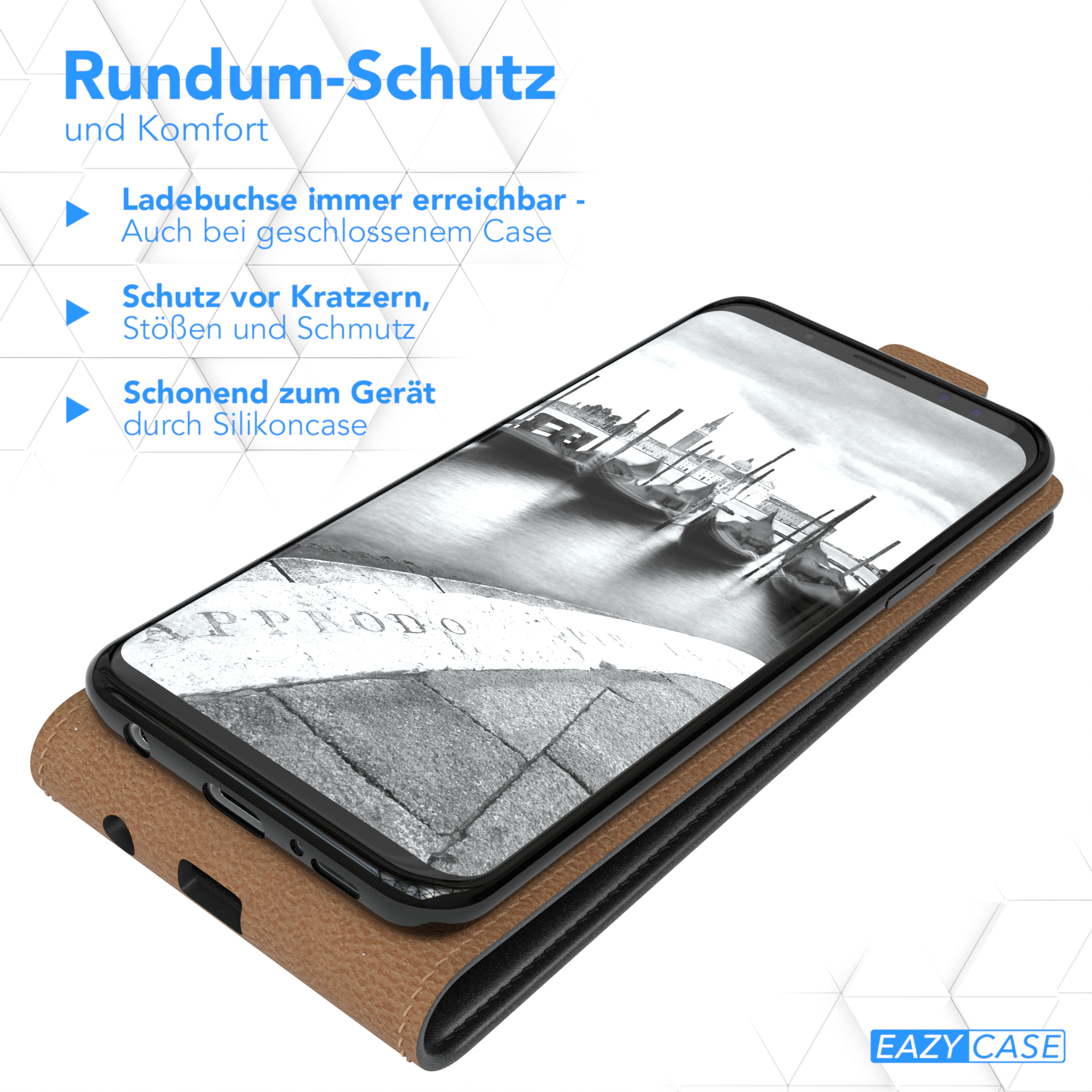 Telefon in einer Hülle, geöffnet. Schwarze Hülle, die ein Bild von Booten zeigt.