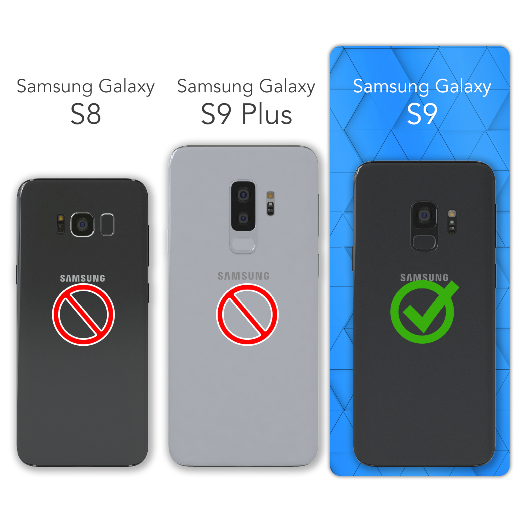 Drei Telefone mit Hüllen werden angezeigt. Nur das Samsung Galaxy S9 ist als kompatibel markiert.