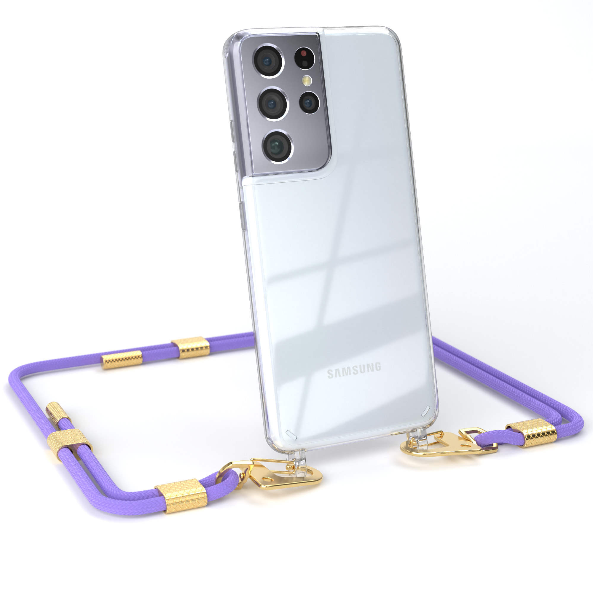 EAZY CASE Transparente Handyhülle Samsung, Umhängetasche, runder Flieder + S21 5G, Kordel Ultra mit Lila Karabiner, Gold Galaxy 