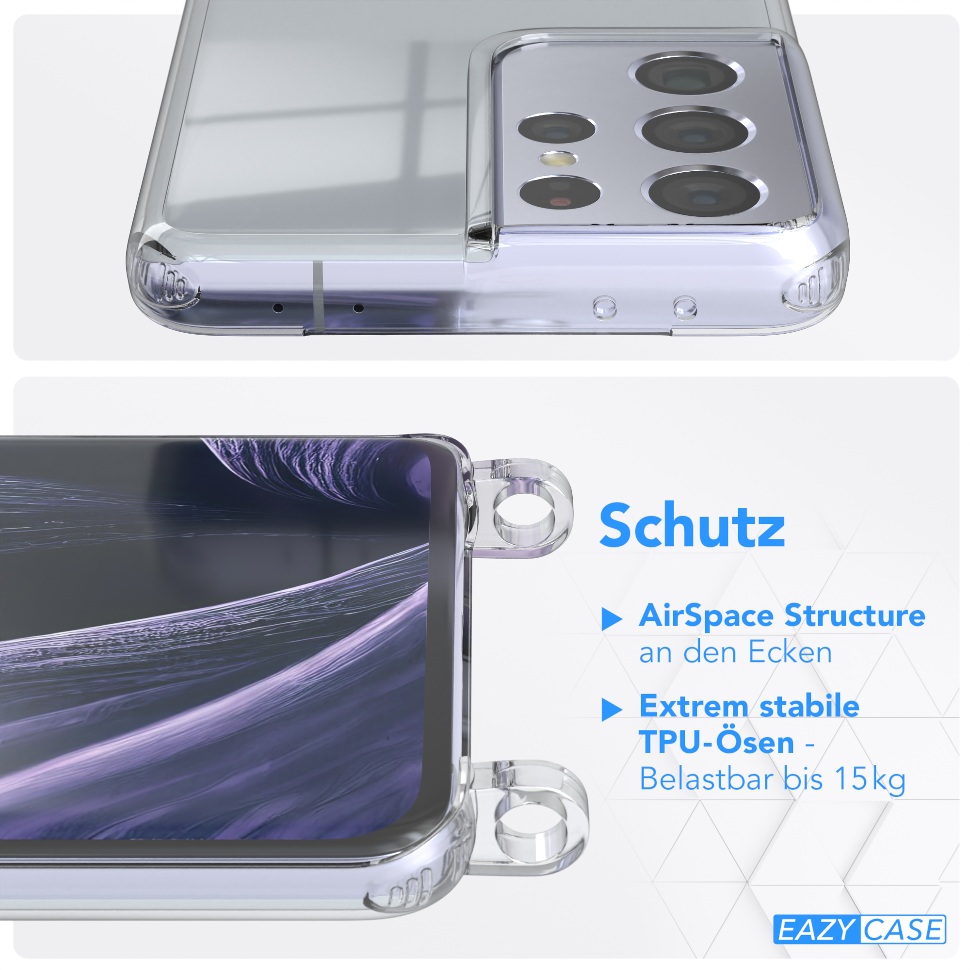 EAZY CASE Transparente Handyhülle Karabiner, S21 5G, + Samsung, runder Flieder Lila mit Galaxy Ultra Kordel Gold / Umhängetasche