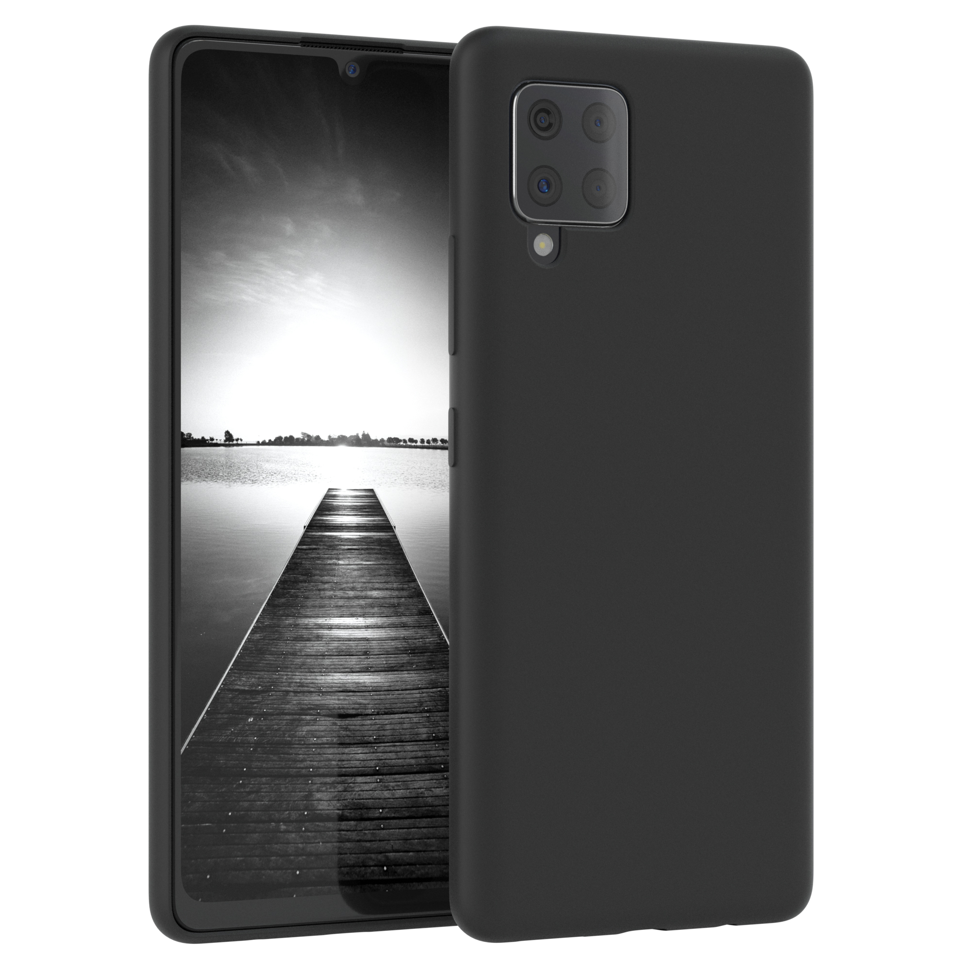 Schwarze Handyhülle mit Handy, das einen Dock im See zeigt. Rückseite sichtbar.