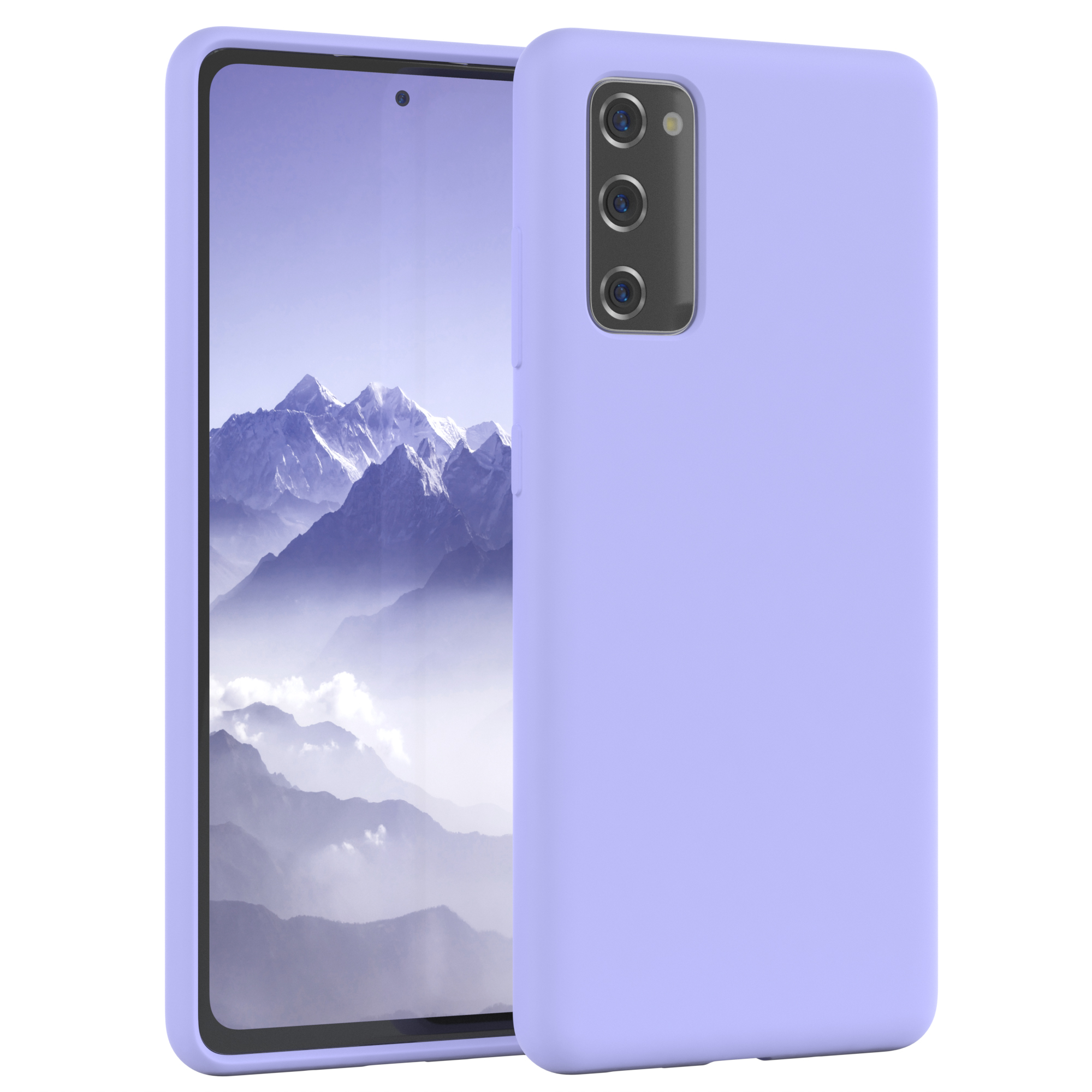 Lila Telefon und Hülle. Das Telefon hat einen verschwommenen Hintergrund.