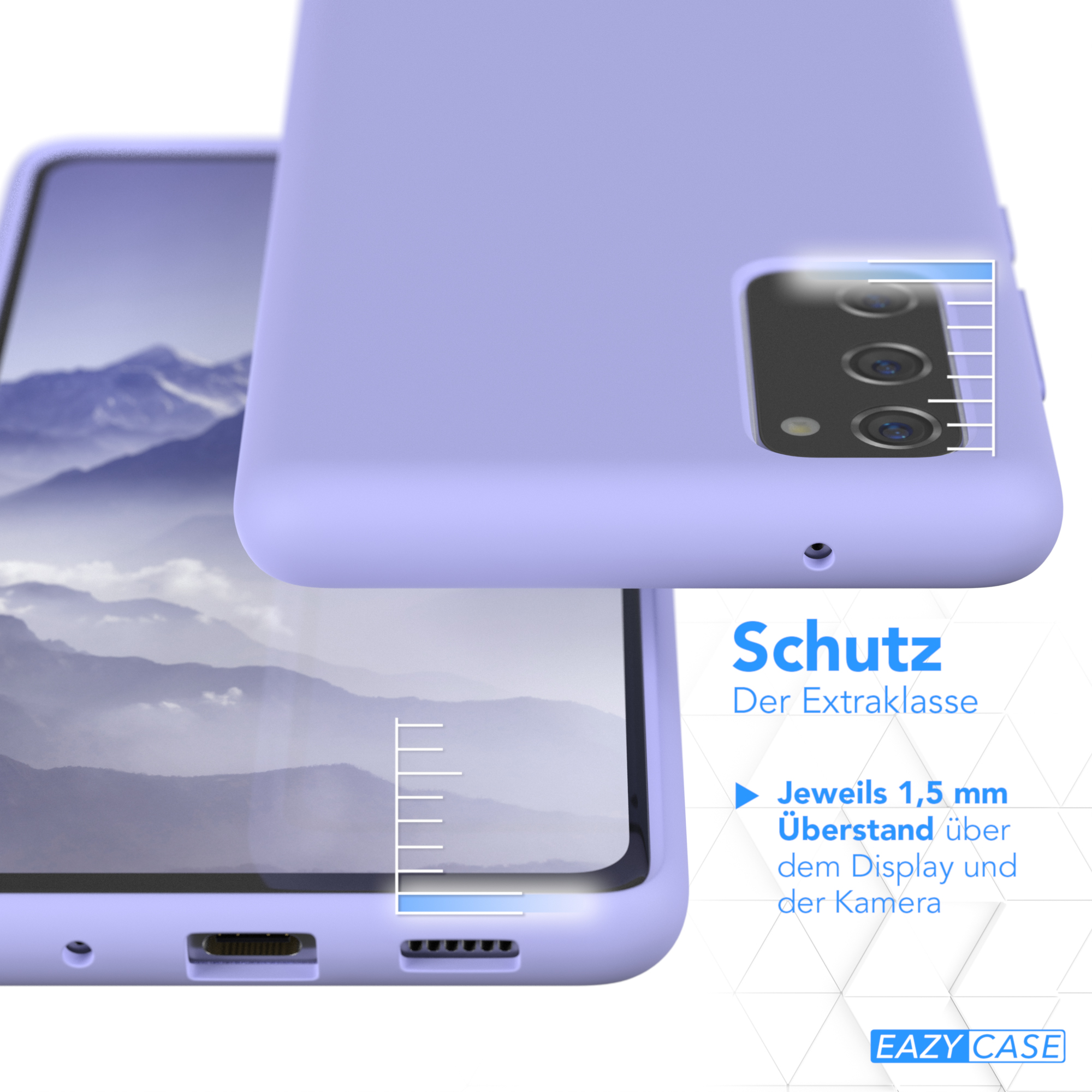 Lavendelfarbene Handyhülle auf einem Telefon, angewinkelt. Text lautet 'Schutz' und '1,5 mm über Display & Kamera'.
