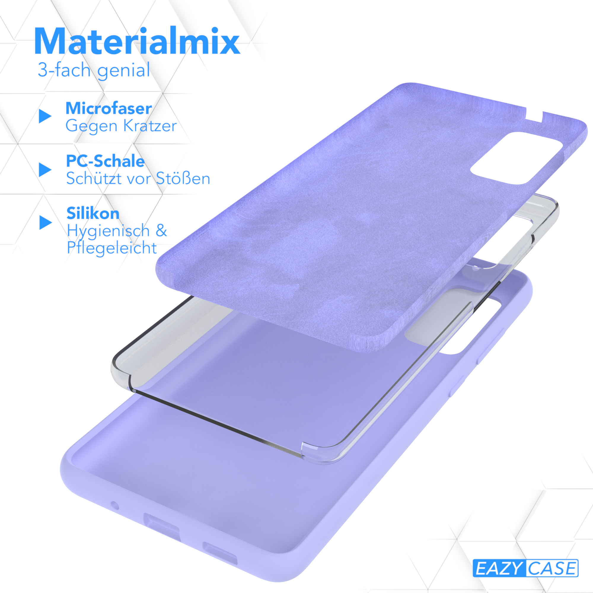 Handyhüllen-Schichten: Mikrofaser, PC-Schale und Silikon. Text: Materialmix.
