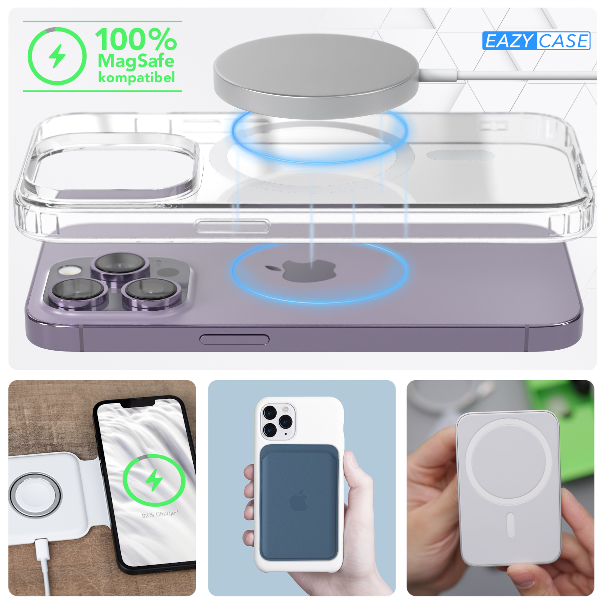 Ein Telefon mit einem MagSafe-Ladegerät und einer Handyhülle. Das Telefon wird kabellos geladen.