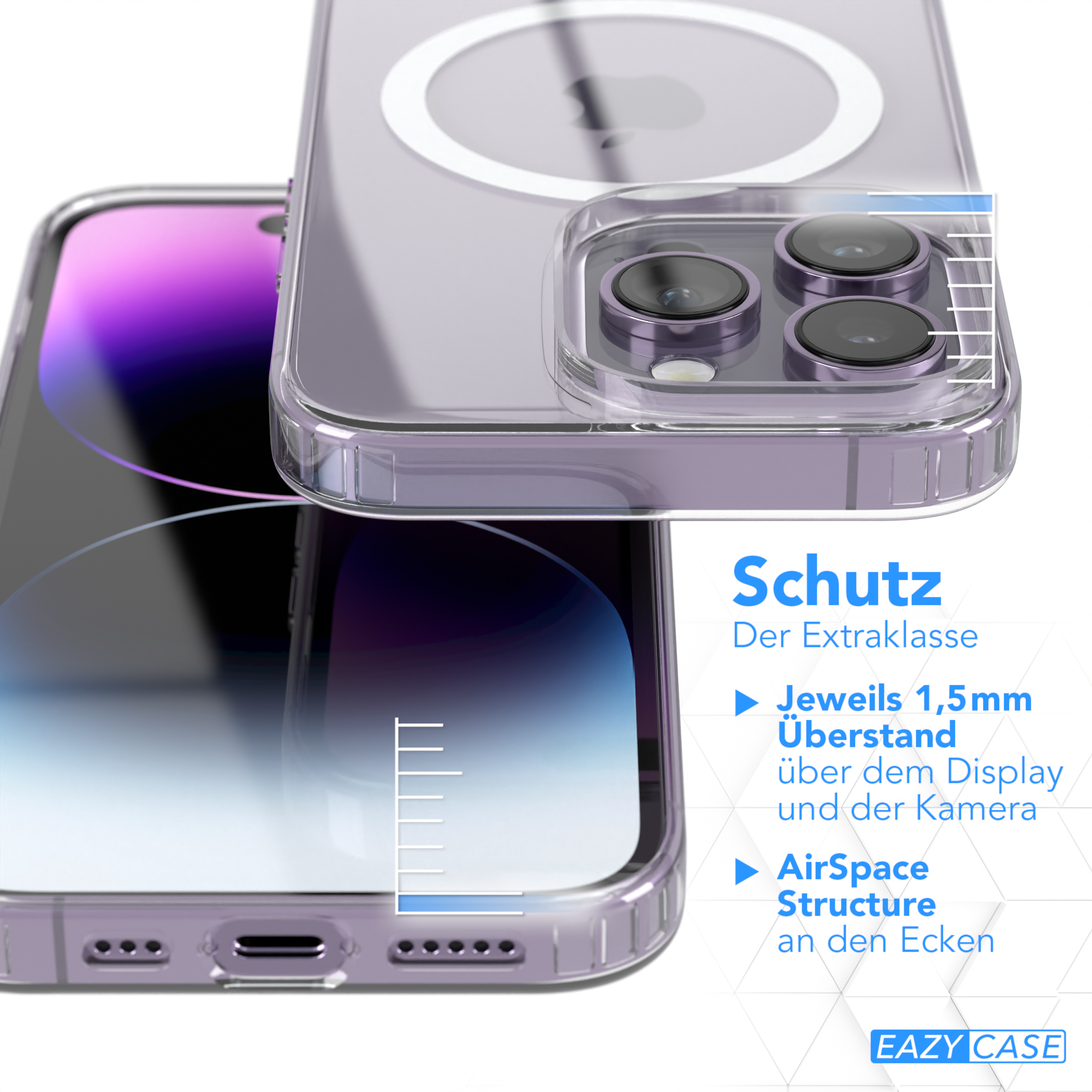 Nahaufnahme von Handyhüllen, die die Kamera und den Bildschirm des Telefons zeigen.
