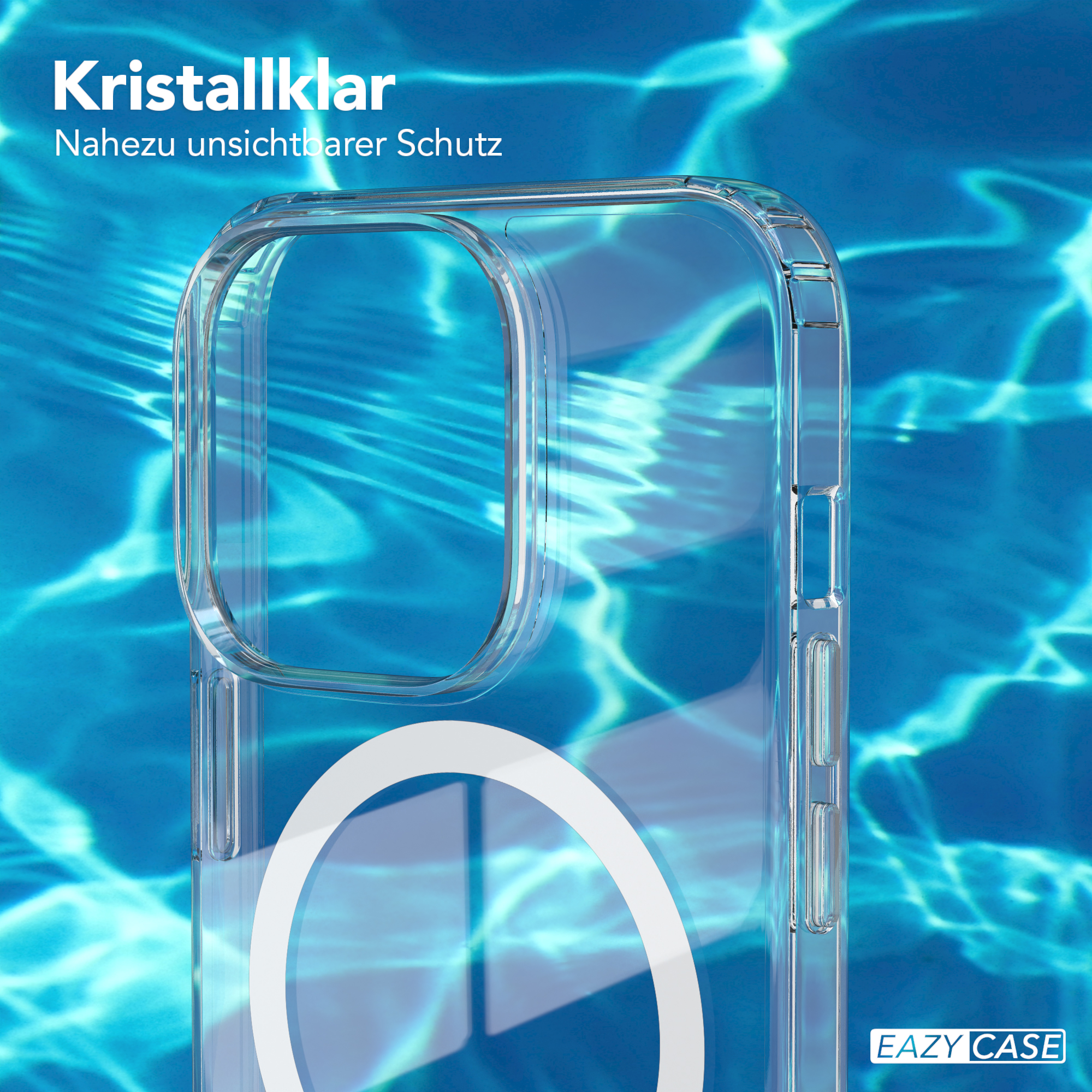 Transparente Handyhülle mit blauem Wasserhintergrund, mit weißem Magnetkreis.