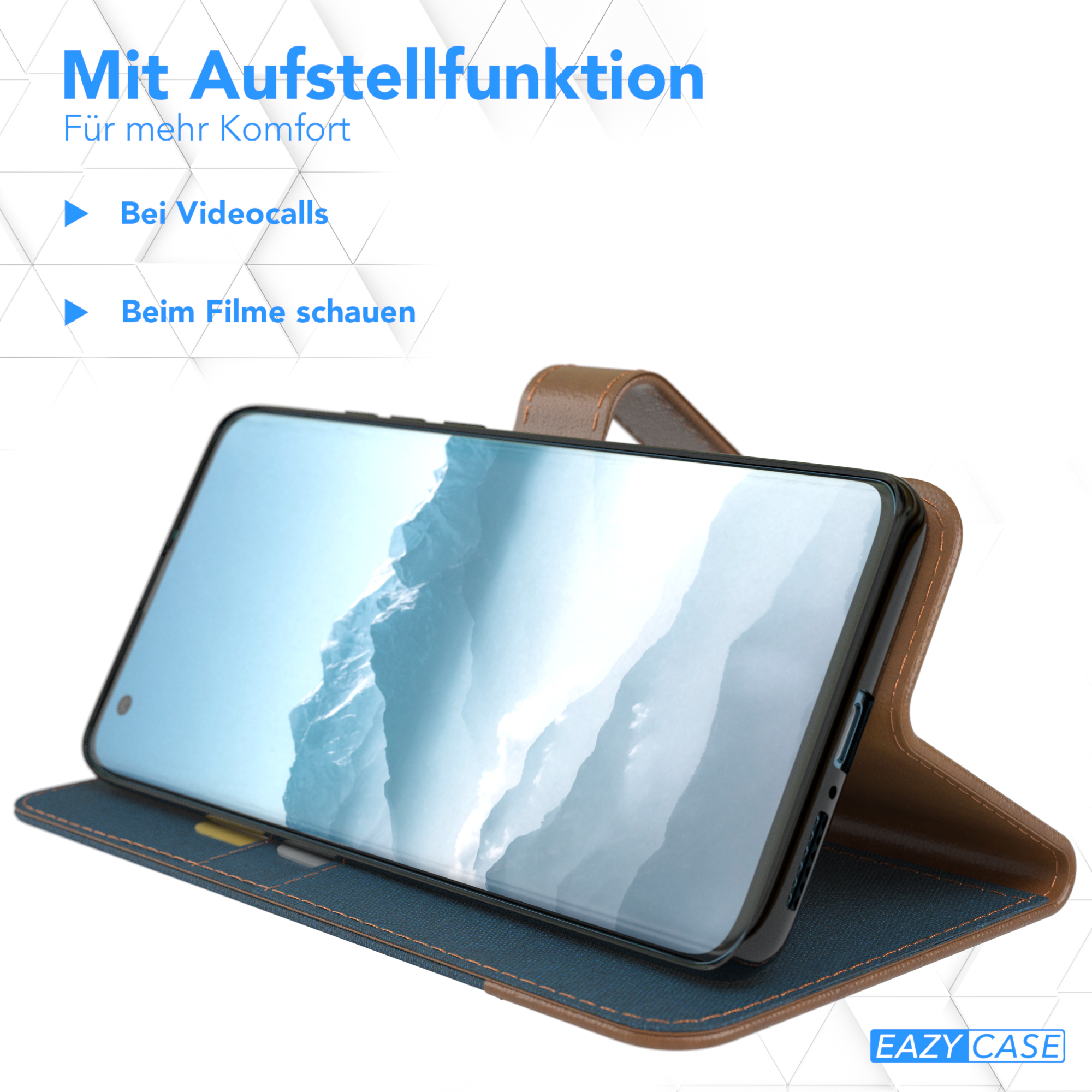 Telefon in einer Hülle, nach oben geneigt, mit Text über Videoanrufe und Filme auf dem Bildschirm.