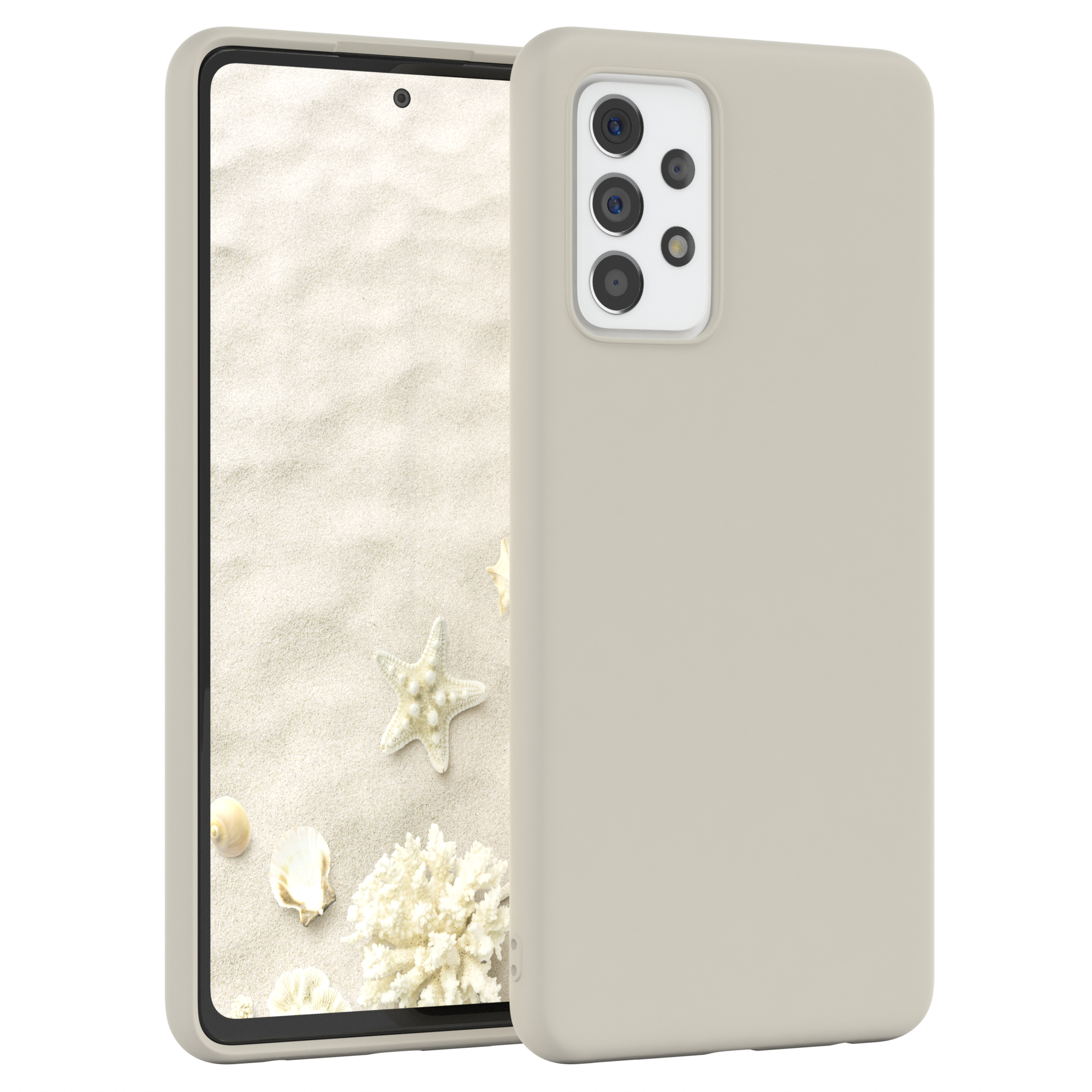 Beige Handyhülle mit Telefon. Das Telefon hat einen Strandhintergrund. Ein Seestern ist sichtbar.