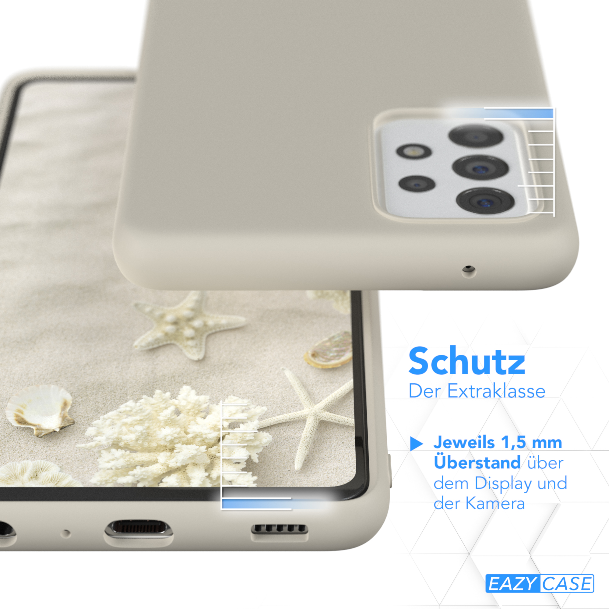 Handyhülle auf Sand mit Muscheln und Seesternen. Text über Schutz.