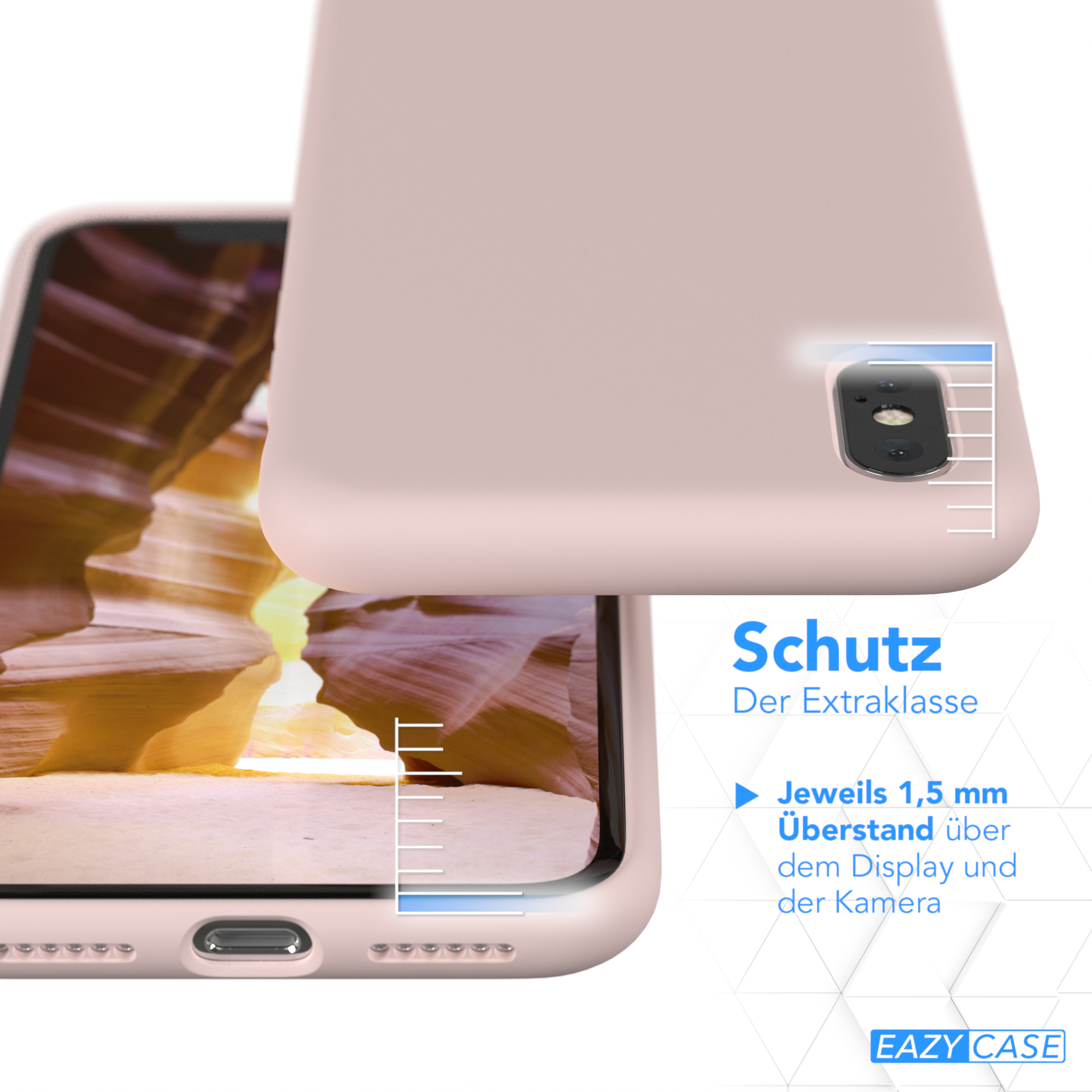 Rosa Handyhülle mit einem Telefon darüber. Text: 'Schutz' und zeigt den Bildschirmrand.