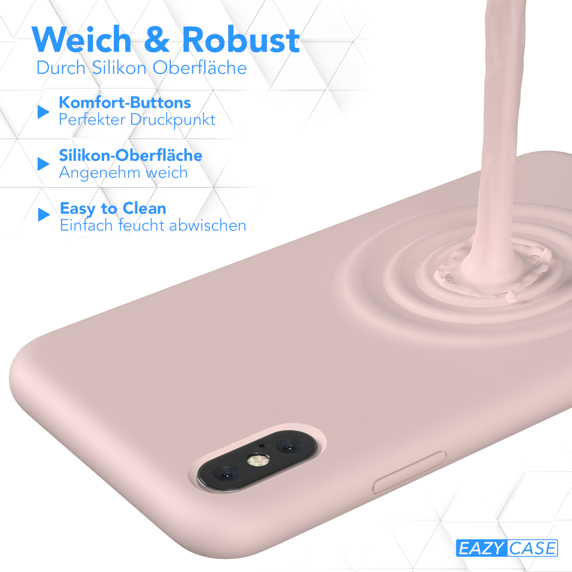 Rosa Handyhülle mit Flüssigkeit. Der Text lautet: Weich & Robust, Komfort-Buttons und Easy to Clean.