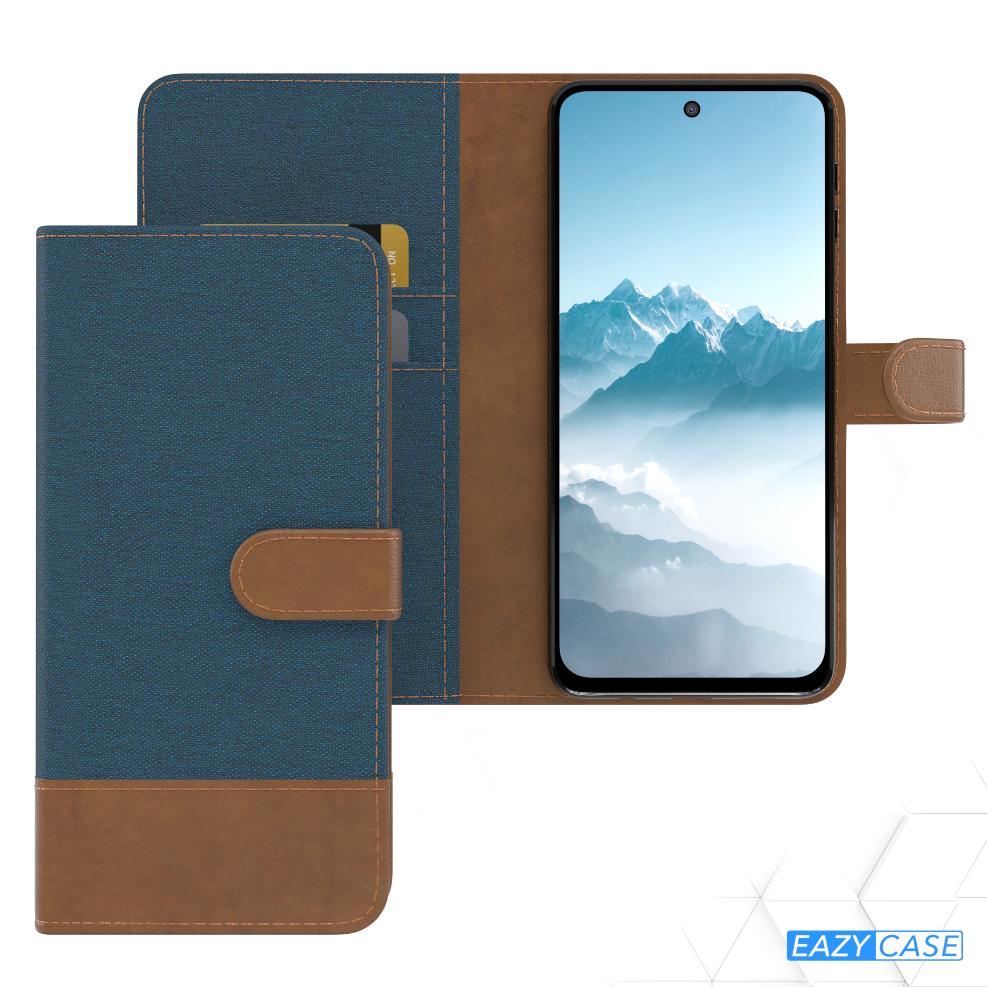 Blau-braune Handyhülle, geöffnet. Telefon in der Hülle. Kreditkarte sichtbar.
