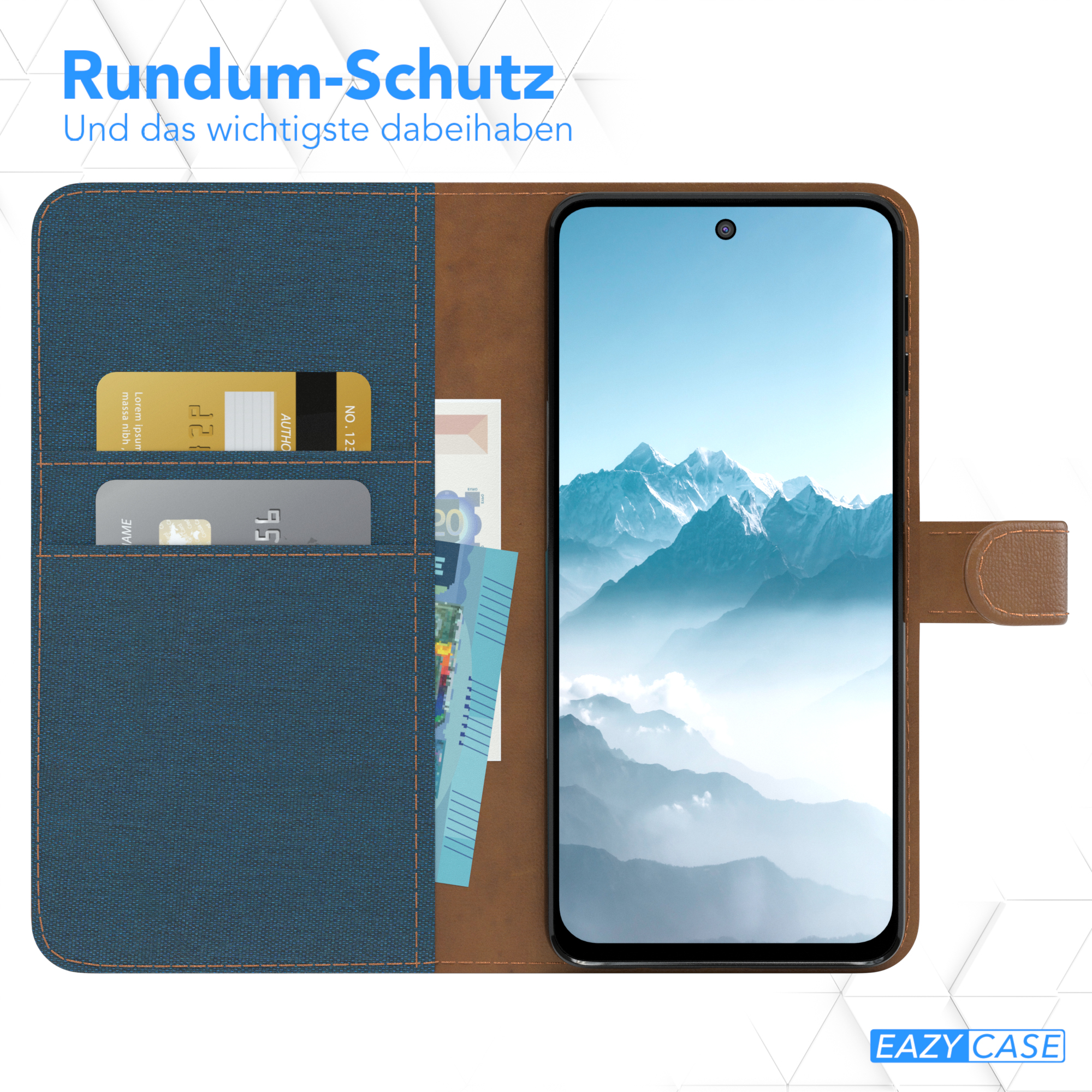 Geöffnete Handyhülle mit Karten und Telefon. Zeigt die Stauraumkapazität der Hülle.
