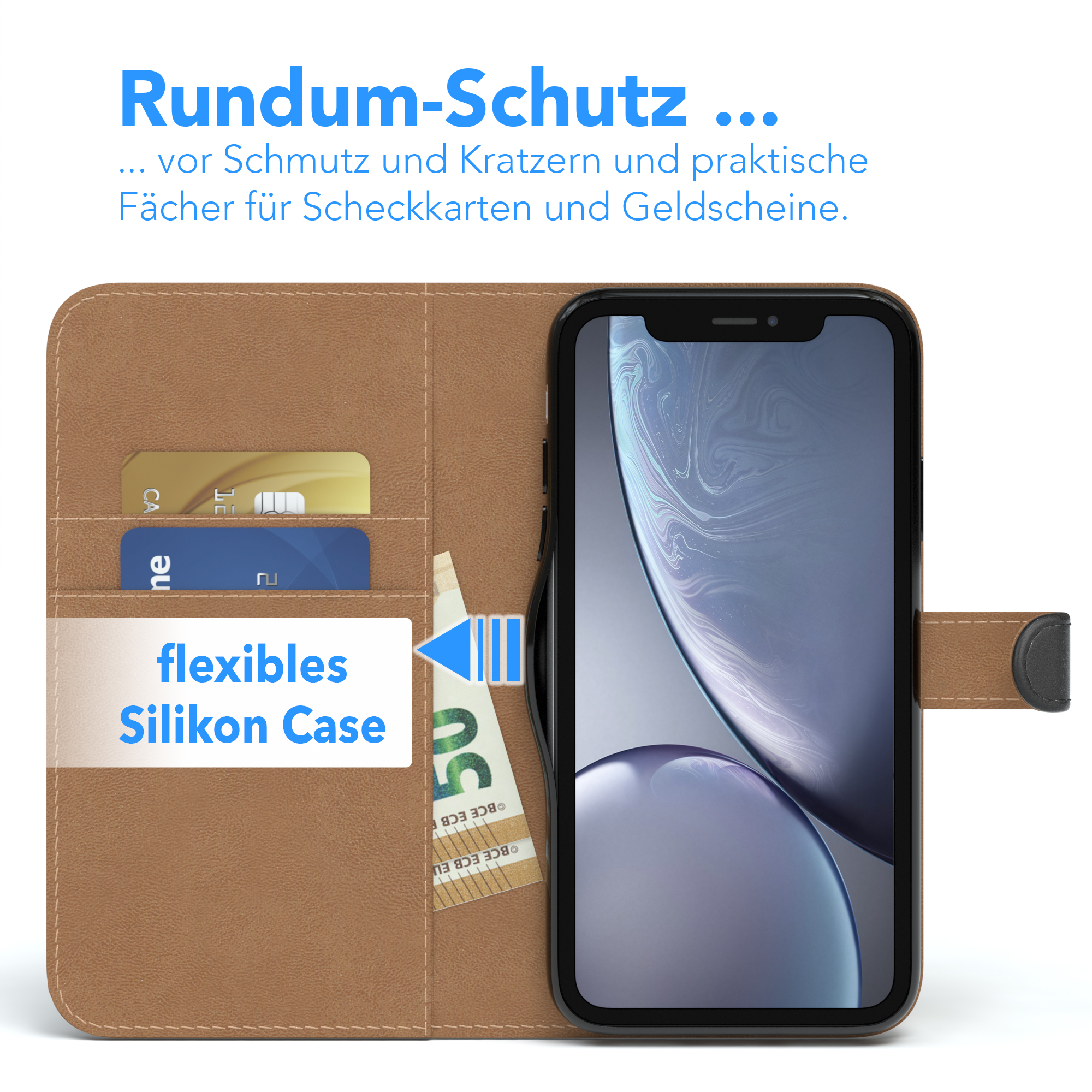 Geöffnete Handyhülle mit Telefon, Geld und Karten darin. Braunes Gehäuse.