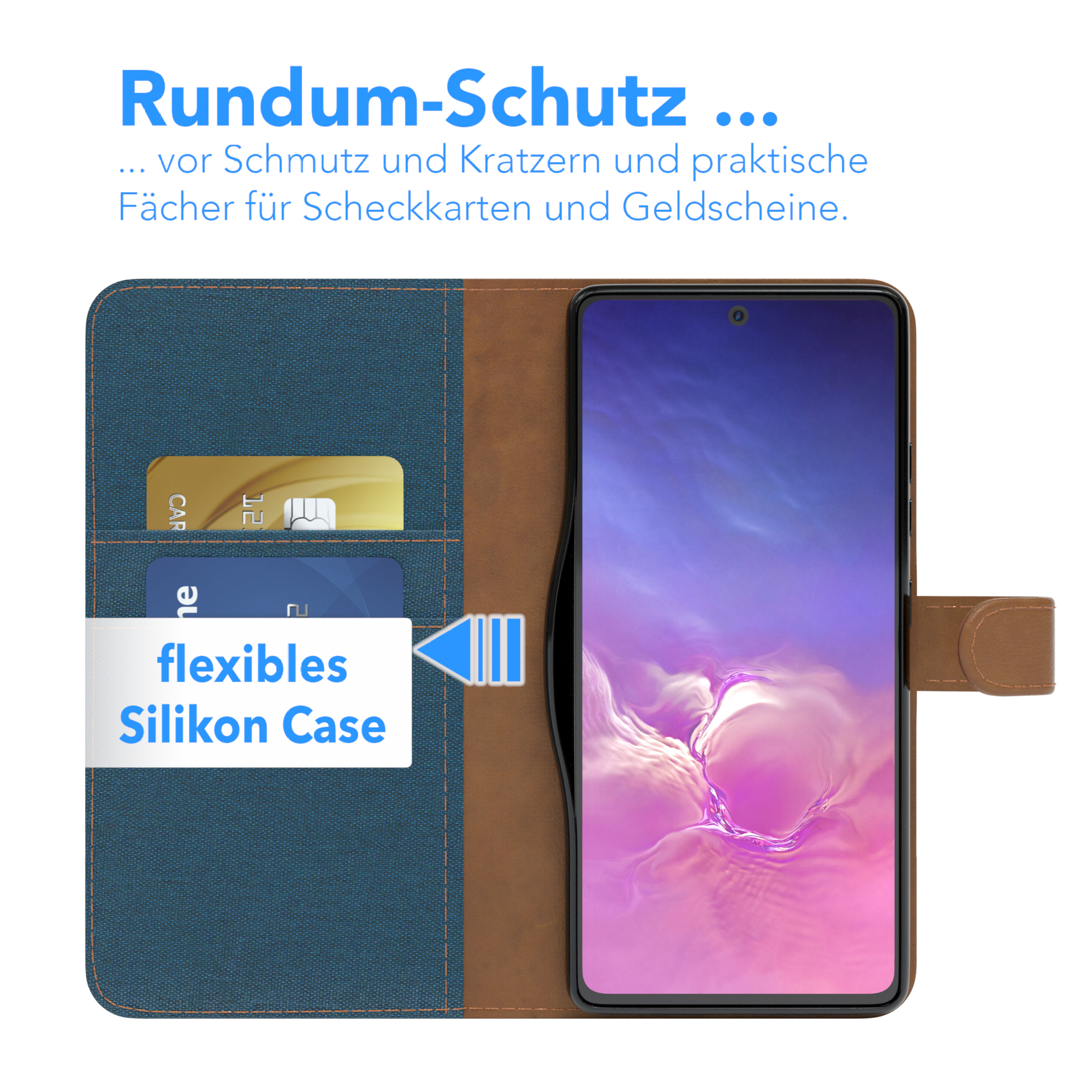 Blaue Handyhülle mit Karten und Bargeld im Inneren, mit offenem Design.