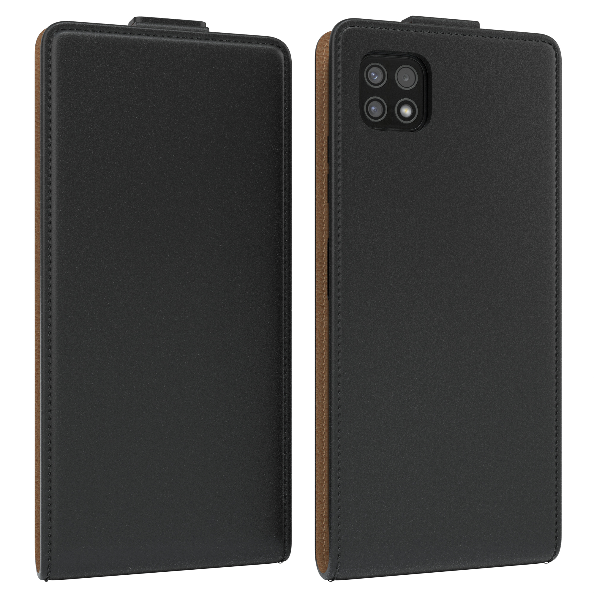 Zwei schwarze Handyhüllen werden gezeigt, eine geöffnet und eine geschlossen, was das Produktdesign zeigt.