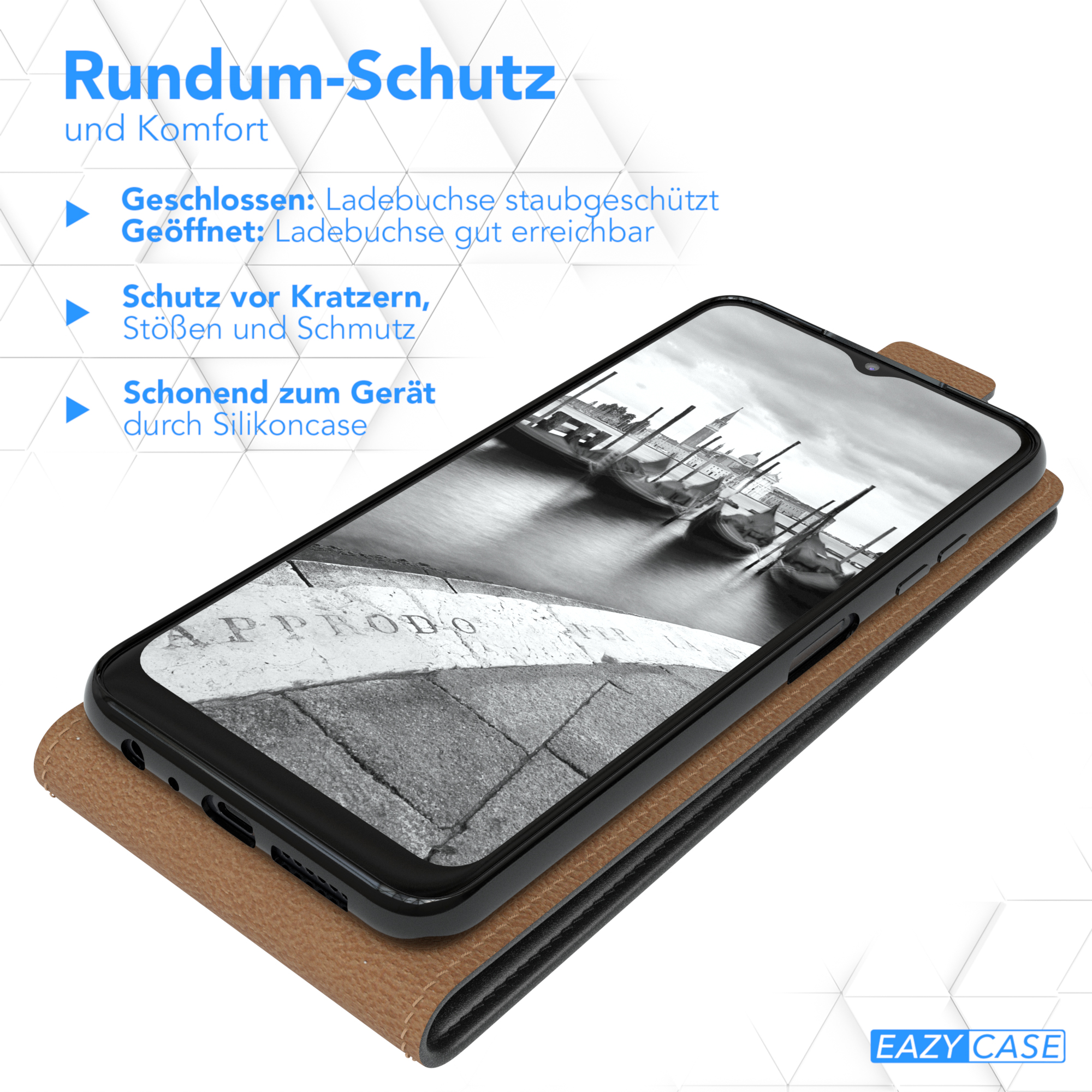 Telefon in brauner Hülle offen mit nach oben gerichtetem Bildschirm, der Boote zeigt. Hülle ist offen.
