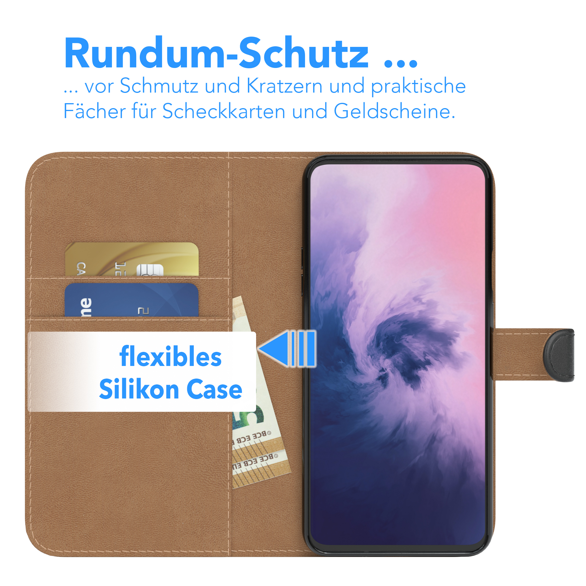 Geöffnete braune Handyhülle mit Karten und Bargeld. Telefon befindet sich in der Hülle.