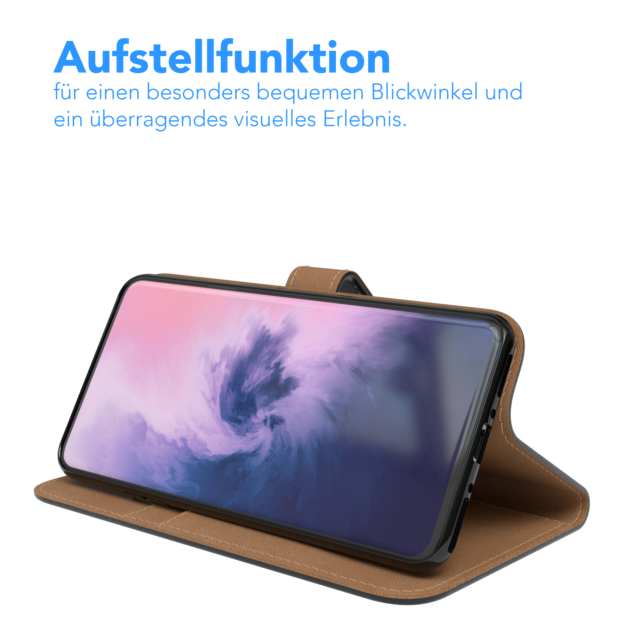Ein Telefon in einer braunen Hülle, zum Betrachten aufgestellt. Text zeigt die Aufstellfunktion.
