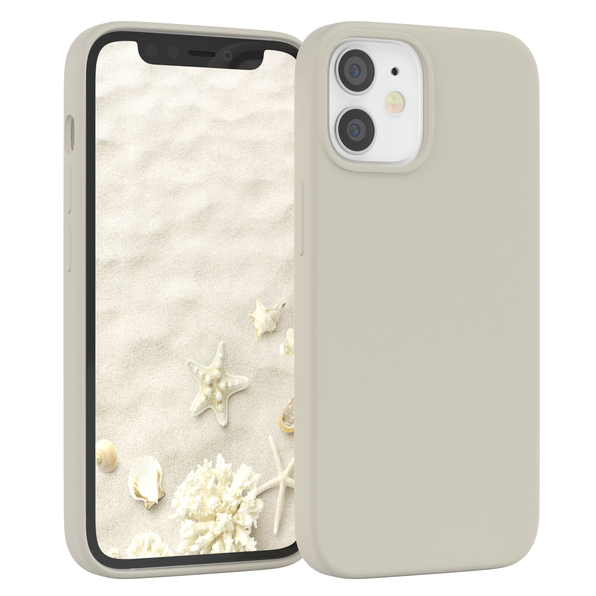 Beige Handyhülle mit Telefon, zeigt eine Strandszene mit Sand, Muscheln und Seesternen.
