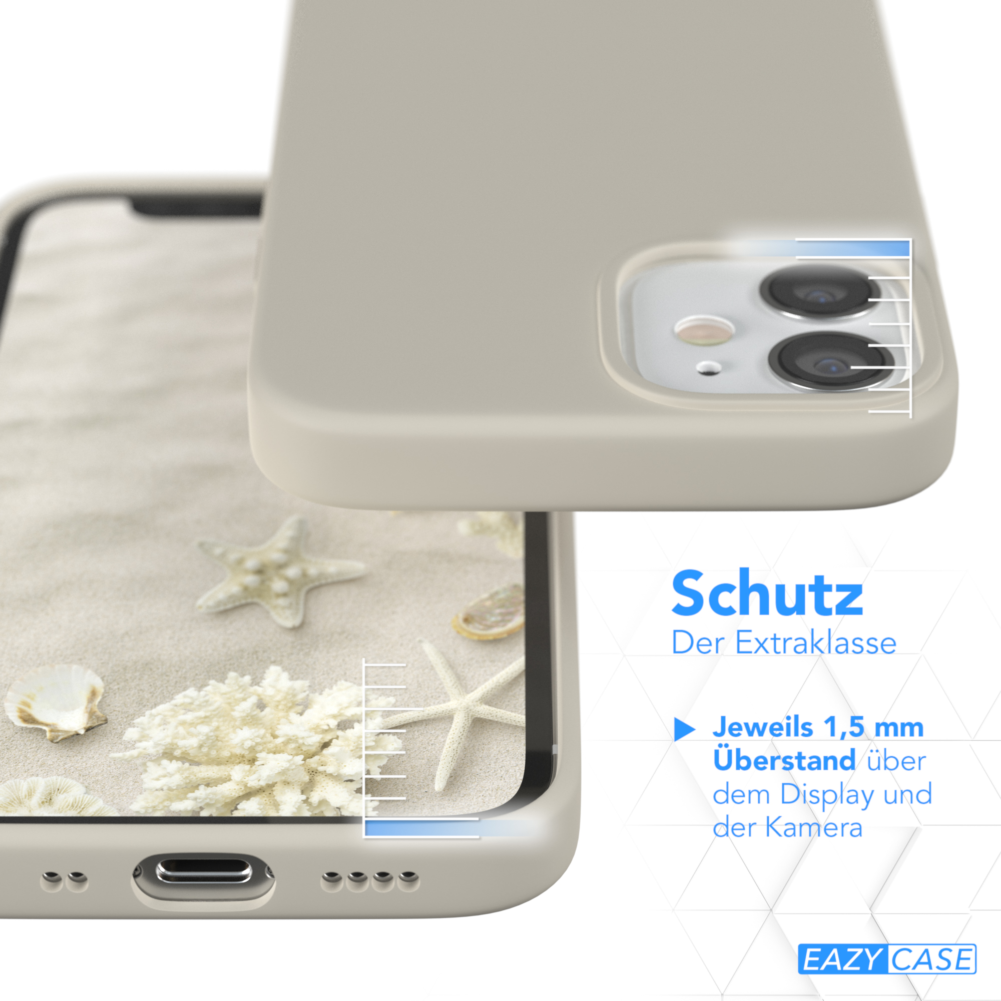Handyhülle über einem Telefon. Text: Schutz Der Extraklasse. Maße gezeigt. EAZY CASE Logo.