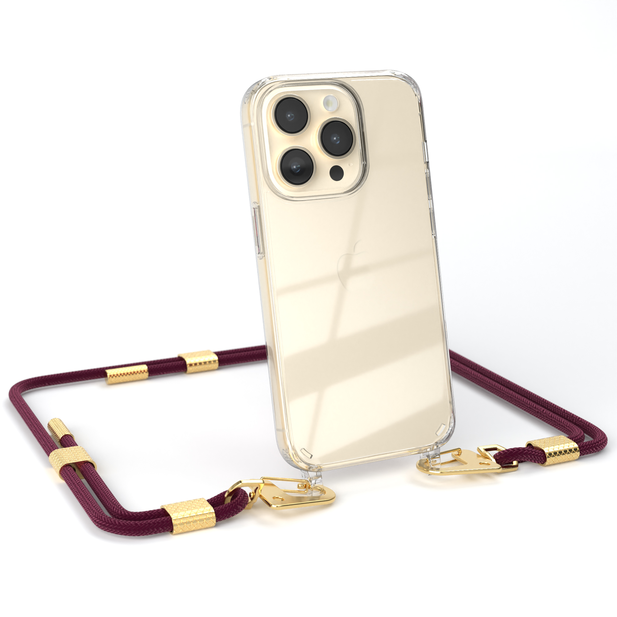 / 14 EAZY CASE + Karabiner, Bordeaux Transparente Umhängetasche, Handyhülle Gold iPhone Apple, Kordel Pro, runder mit
