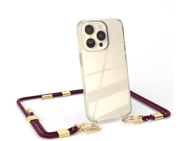 EAZY CASE Transparente Handyhülle mit runder Kordel + Karabiner, Umhängetasche, Apple, iPhone 14 Pro, Bordeaux / Gold