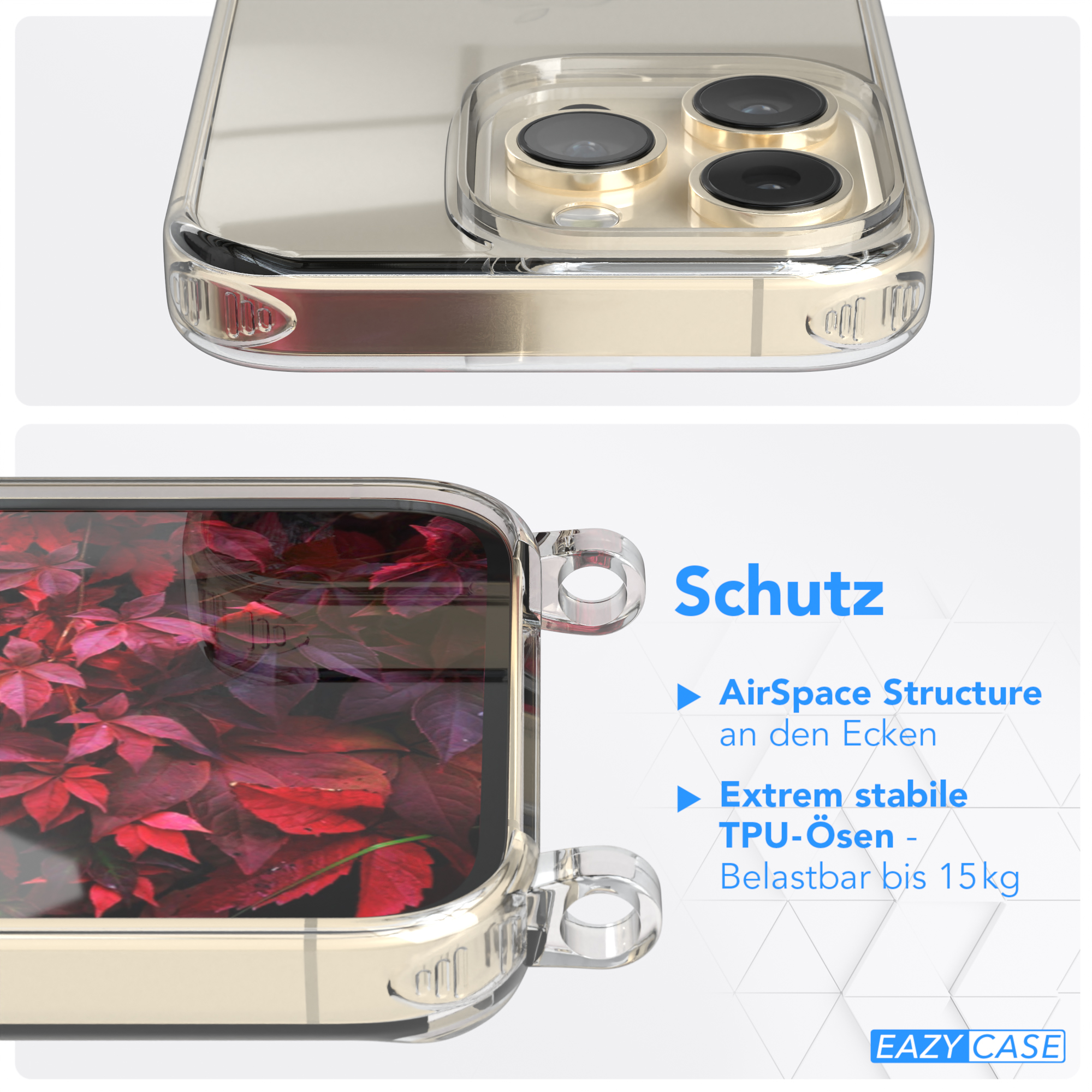 EAZY CASE Transparente Apple, Pro, Bordeaux / iPhone 14 Kordel runder Umhängetasche, + Handyhülle mit Gold Karabiner