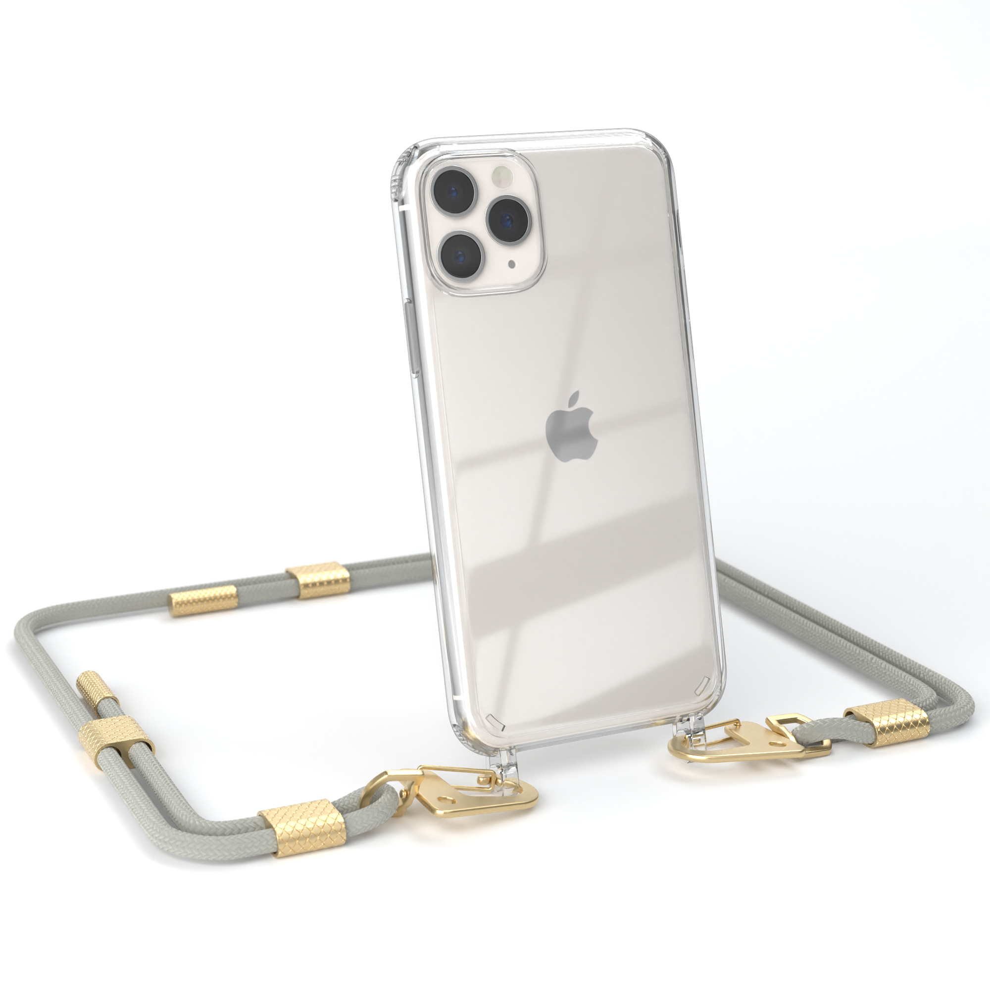 Transparente Handyhülle mit grauem und goldenem Umhängeband. Telefon mit Apple-Logo.